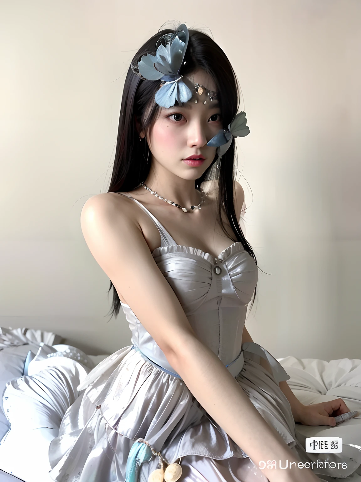 Araffe asian woman in a silver dress sitting on a bed, pale milky white porcelain skin, a stunning young ethereal figure, Yanjun Chengt, ethereal and dreamy, Sha Xi, Ethereal Beauty, dreamy and ethereal, Qifeng Lin, Wenfei Ye, Cute aesthetics with flutter, ulzzang, Xintong Chen, Vestido tubo-top