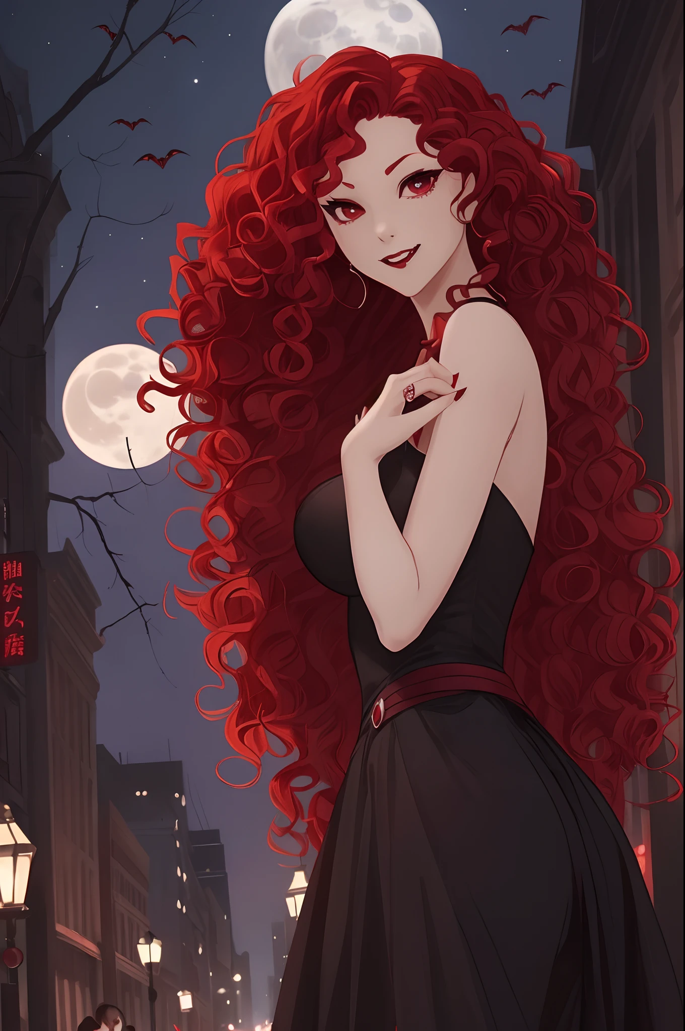sexy girl, massy long curly hair, wearing frock, dark moody, cloudy sky, full of moon in sky Realistic, beautiful, natural lightning, 8k, illustrator, masterpiece, high quality, 8k, high resolution, high detailed, high detailed body
