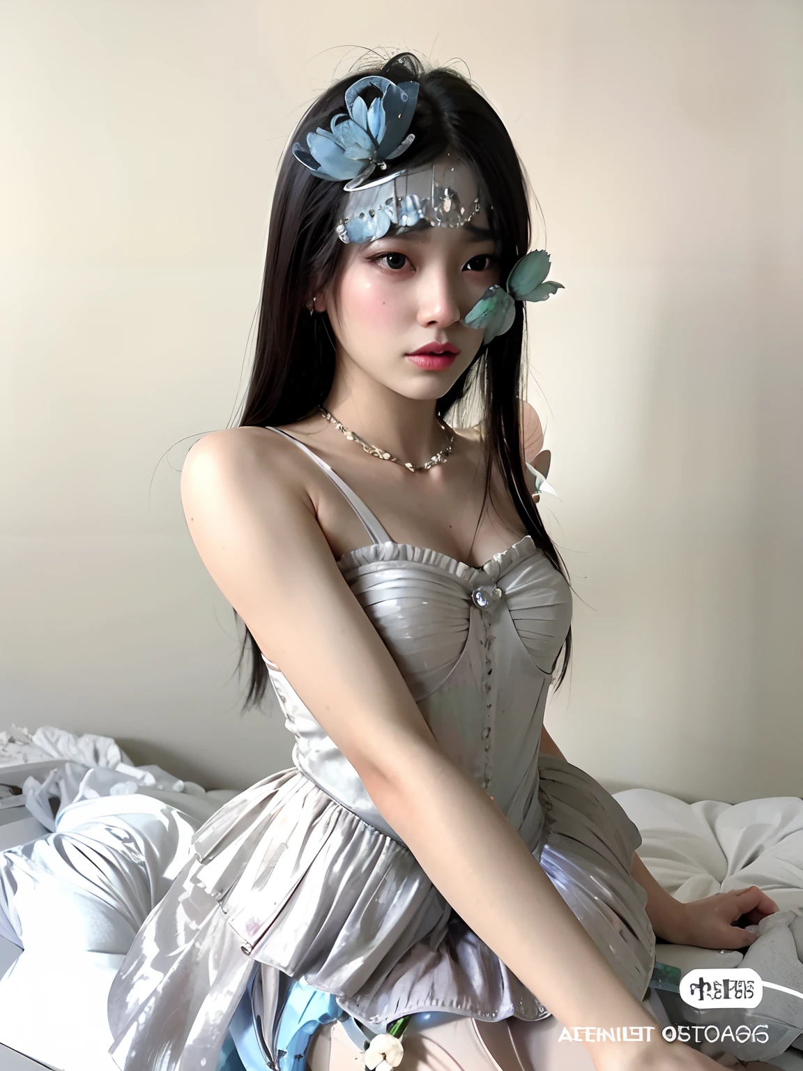 Araffe asian woman in a silver dress sitting on a bed, pale milky white porcelain skin, a stunning young ethereal figure, Yanjun Chengt, ethereal and dreamy, Sha Xi, Ethereal Beauty, dreamy and ethereal, Qifeng Lin, Wenfei Ye, Cute aesthetics with flutter, ulzzang, Xintong Chen, Vestido tubo-top