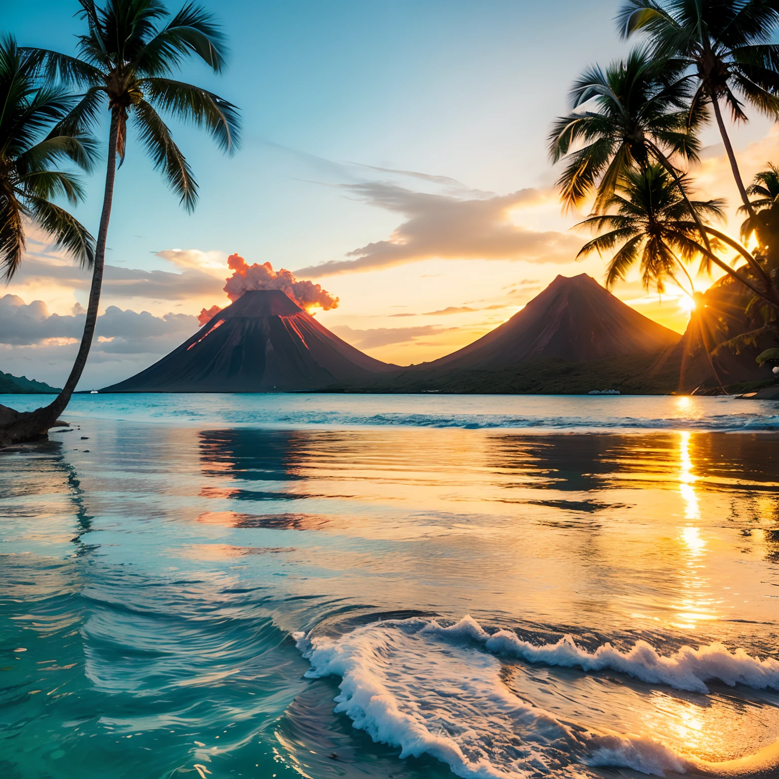 (a beautiful tropical island:1.1, volcanic eruption:1.1), crystal clear turquoise water, lush green palm trees, white sandy beaches, vibrant coral reefs, exotic marine life, dramatic sunset over the horizon, warm golden sunlight, tropical paradise, vibrant and vivid colors, soft gentle waves, magical and mysterious atmosphere.