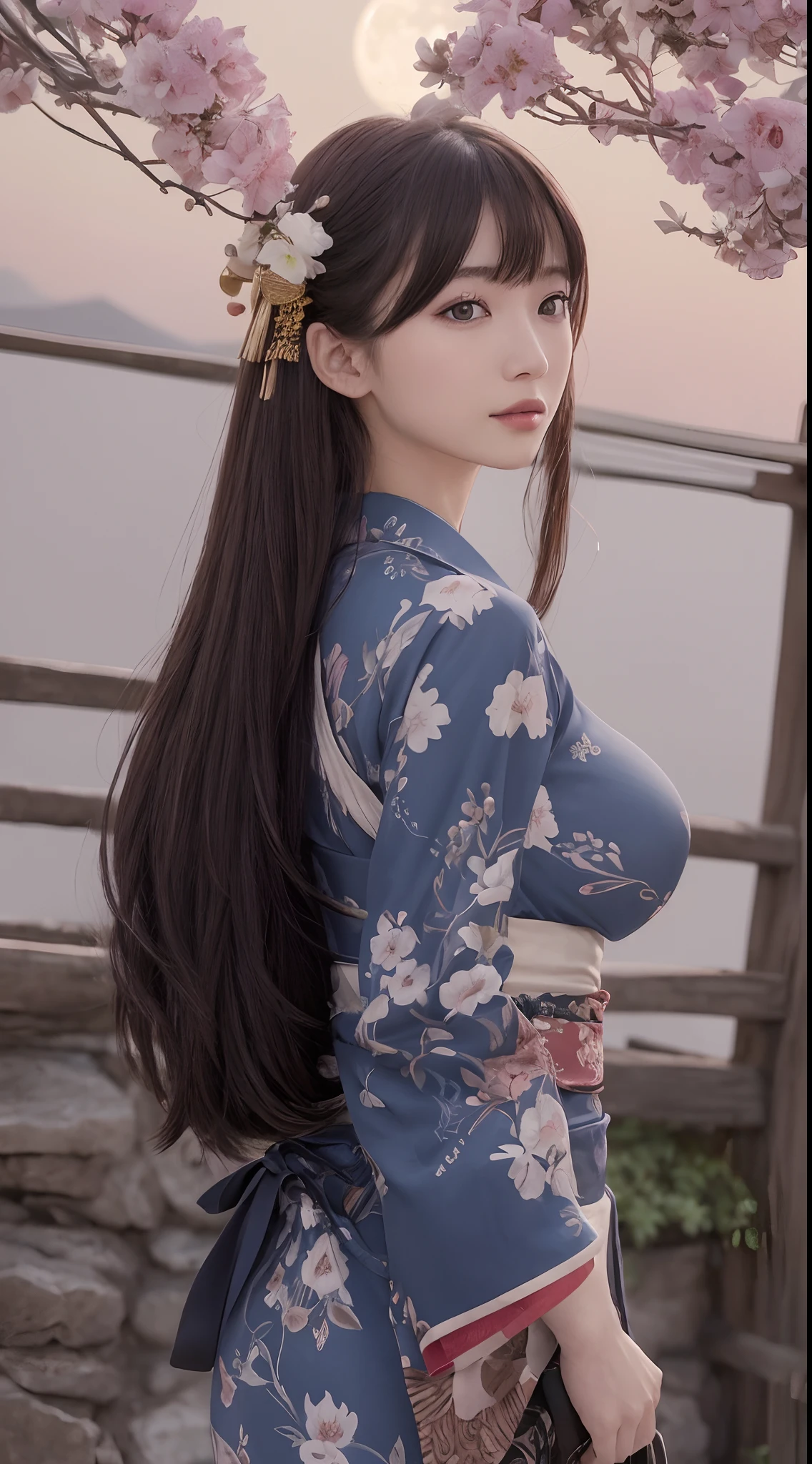 masutepiece、Best Quality、 ultra-detailliert、hight resolution、8K Wallpapers、Perfect dynamic composition,、Beautiful detailed eyes、(Beautiful Large Breasts:1.4)、24-year-old beauty、、top-quality、Brown hair、Pattsun bangs、Longhaire、Uptail、Grow hair in bunches from the back of the head、Floral ornament on the head、a small face、heavy eye makeup、eyeshadows、Cool Beauty、Komono、Kimono、Blue kimono with floral pattern,,,,,,,,,,,,,,,,,,,,,,,,,,,,,,,,,,,,,、,,,,,,,,,,,,,,,,,,,,,,,,,,,,,,,,,,,,,,,,,,,,,、A slender、slender、big breasts thin waist、Holding a Japan sword、Japan holding a sword、holding swords、Samurai、Smiles、Keep your mouth shut、back turned、Castle town at night、Moon Night、natta、Transcendental tranquility、Hair fluttering in the wind、Super detailed illustration、Raw photography、film grains、Deviantart Trends、