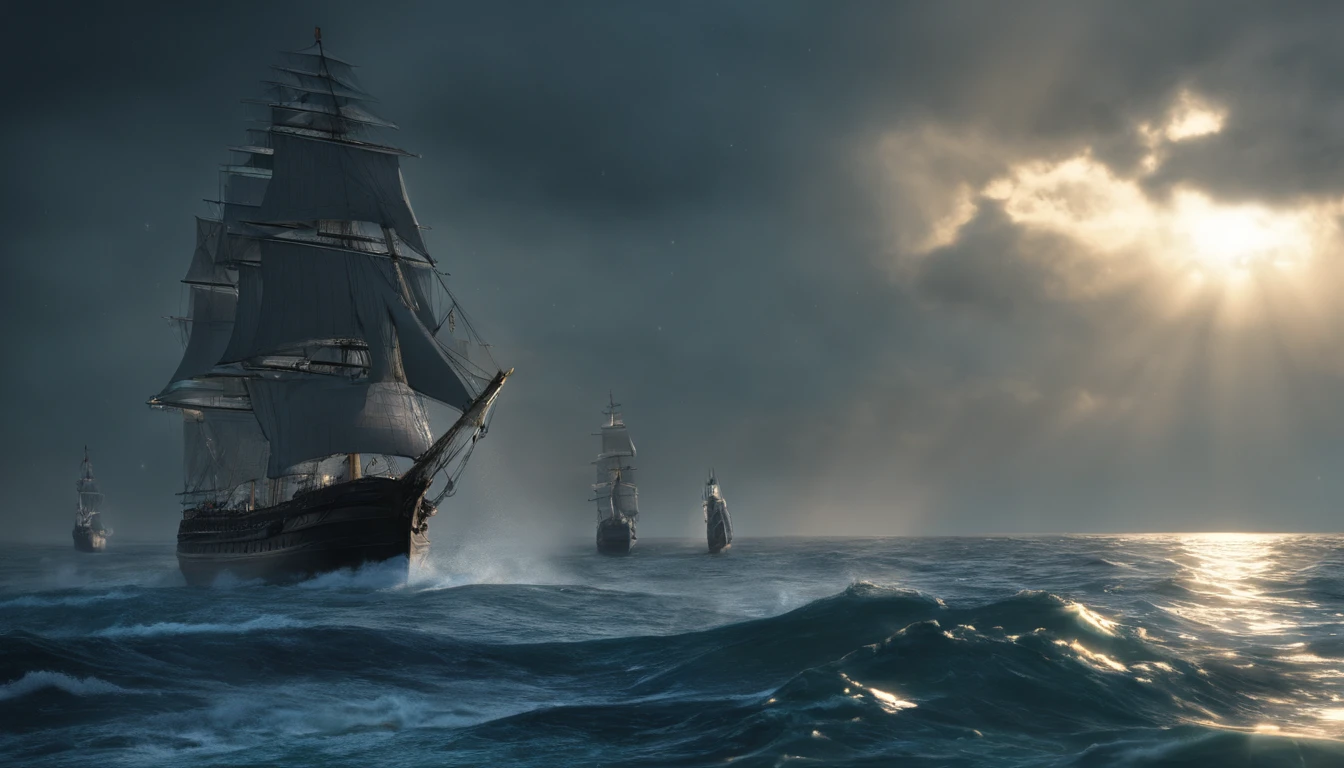 /imagine prompt: Un emocionante escenario de una batalla naval en medio de una tormenta, barcos piratas luchando ferozmente, olas gigantes chocando contra las naves, The dark sky and lightning illuminating the scene, Cinematographer, lente angular de 24 mm, --ar 16:9 --v 5