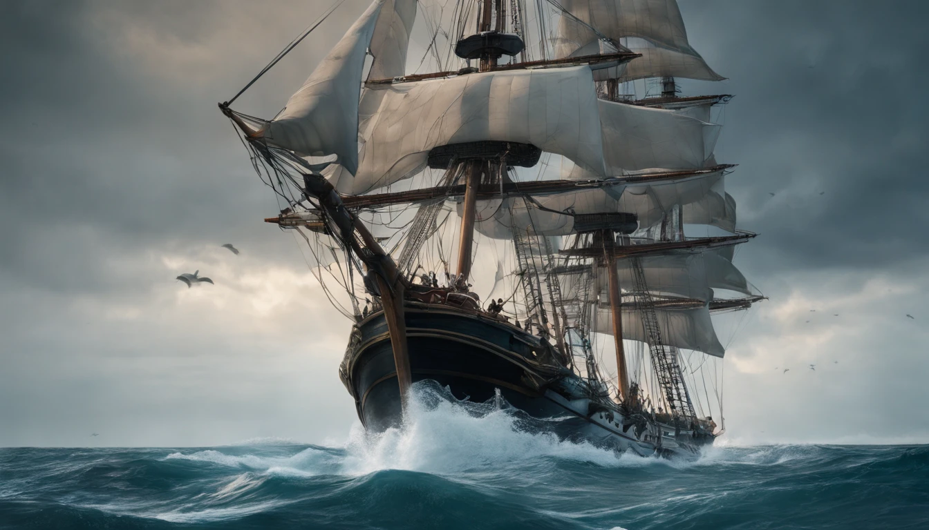 /imagine prompt: Un emocionante escenario de una batalla naval en medio de una tormenta, barcos piratas luchando ferozmente, olas gigantes chocando contra las naves, The dark sky and lightning illuminating the scene, Cinematographer, lente angular de 24 mm, --ar 16:9 --v 5