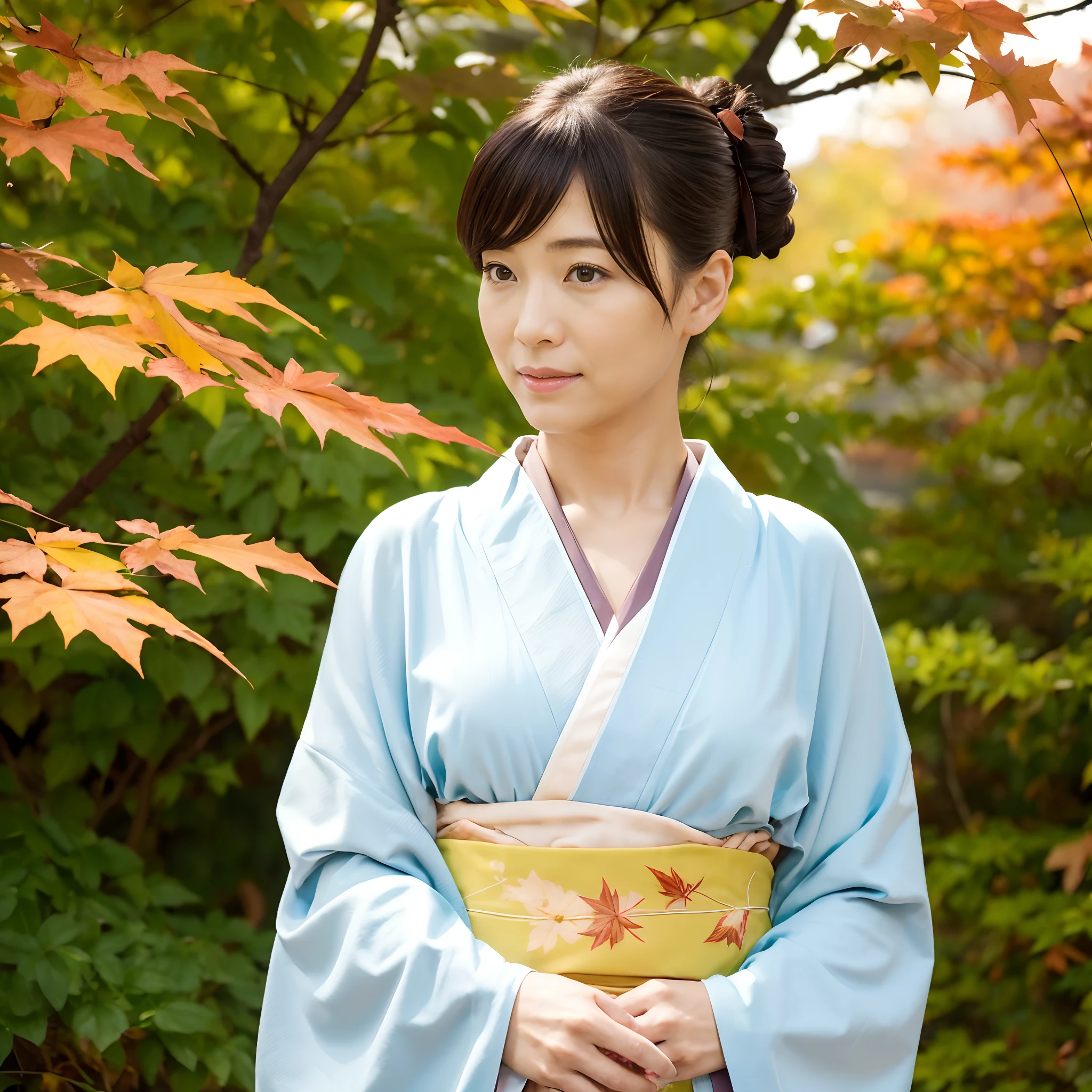 Female in her 40s、Wear a clean Japan kimono、Hair is up、autumn leaves in background