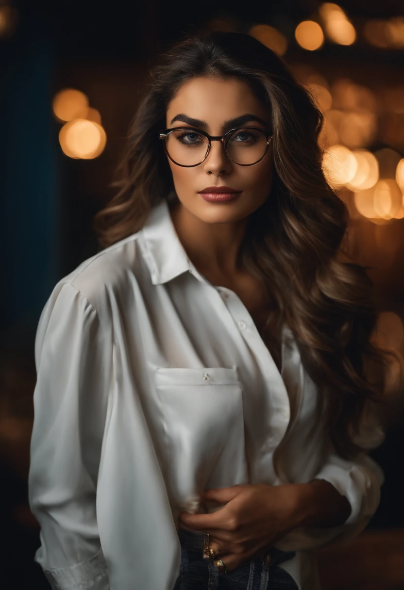1menina pele escura, seios pequenos, wears thick-framed glasses that highlight his facial features, com cabelos curtos, rabo de cavalo e cinza, camisa prateada, Por baixo da camisa, ela veste outra camisa justa, with details in vibrant colors reminiscent of the stars and planets of outer space, e uma saia azul botas de cano alto com solado antiderrapante,