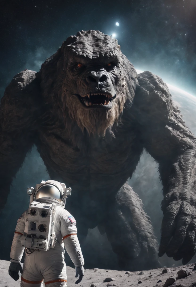 An astronauts back in front of a fierce colossal monster in space