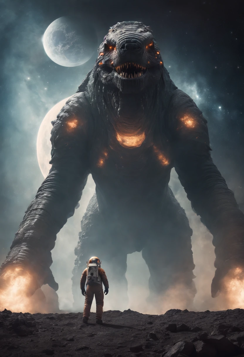 An astronauts back in front of a fierce colossal monster in space