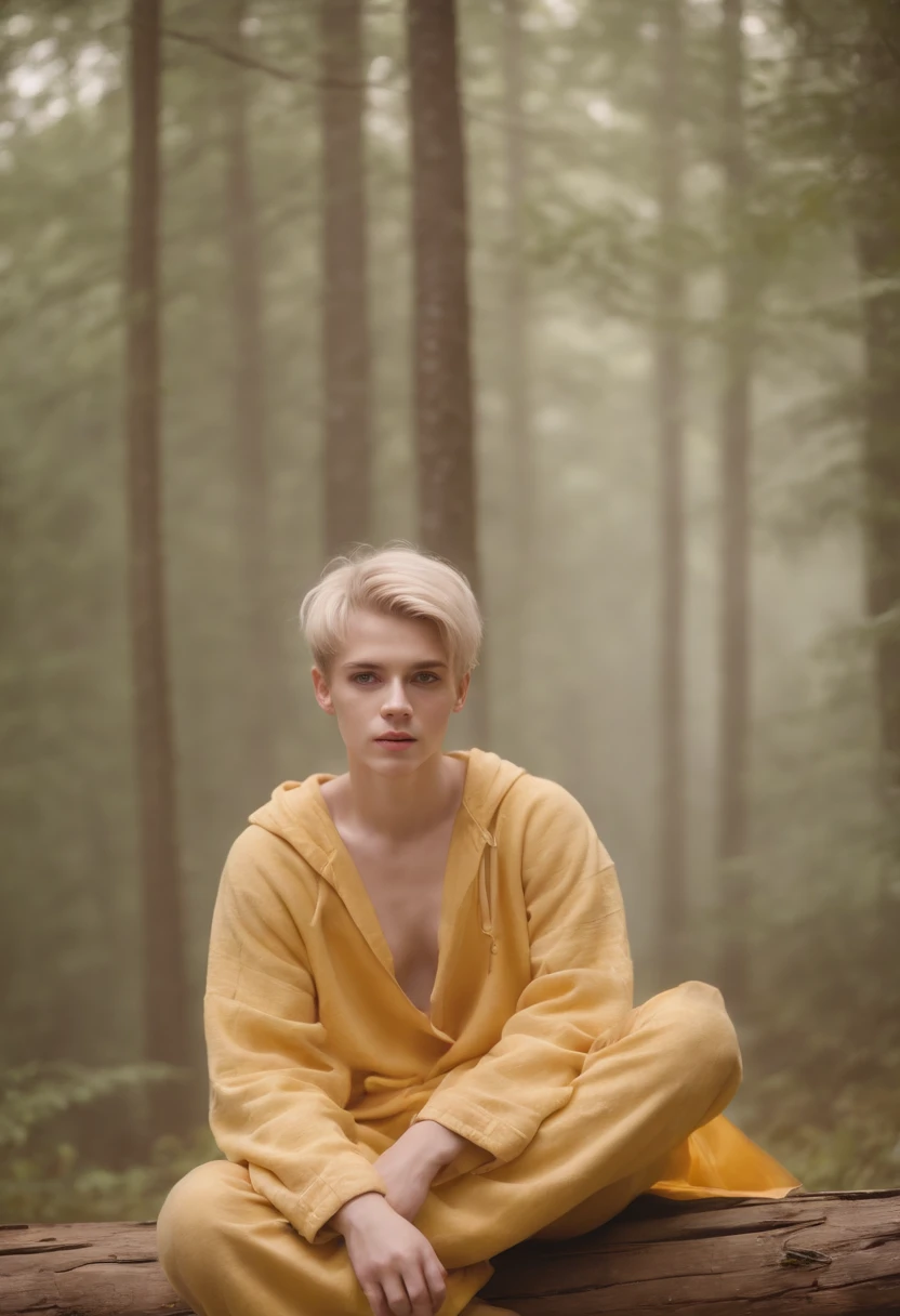 Photo of beautiful boy in his 20s in plain pajamas over short yellow cloth, Sitting naked on a log in a foggy forest, abundant yellow hair, Bushy bangs, Beautiful eyes with sparkle, Beautiful face with symmetry, Pretty and innocent face, without makeup, Unadorned, Film grain, dreamy photo, Concept photo, Emotional Photography, film photography, photos realistic, realisitic, Sharp Focus, 14k, ighly detailed, cgsociety, ultra-definition, Very fine particles, Dusty photo, Grain Filter