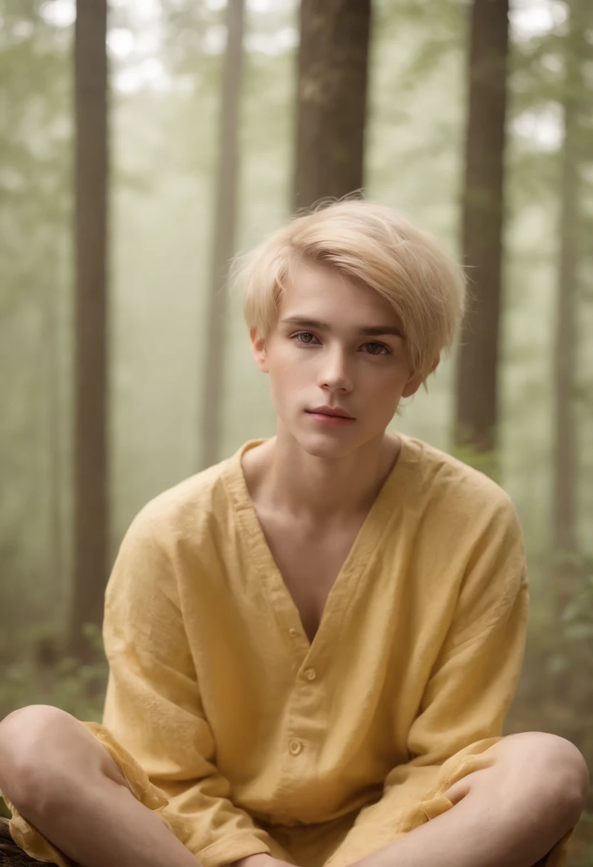 Photo of beautiful boy in his 20s in plain pajamas over short yellow cloth, Sitting naked on a log in a foggy forest, abundant yellow hair, Bushy bangs, Beautiful eyes with sparkle, Beautiful face with symmetry, Pretty and innocent face, without makeup, Unadorned, Film grain, dreamy photo, Concept photo, Emotional Photography, film photography, photos realistic, realisitic, Sharp Focus, 14k, ighly detailed, cgsociety, ultra-definition, Very fine particles, Dusty photo, Grain Filter