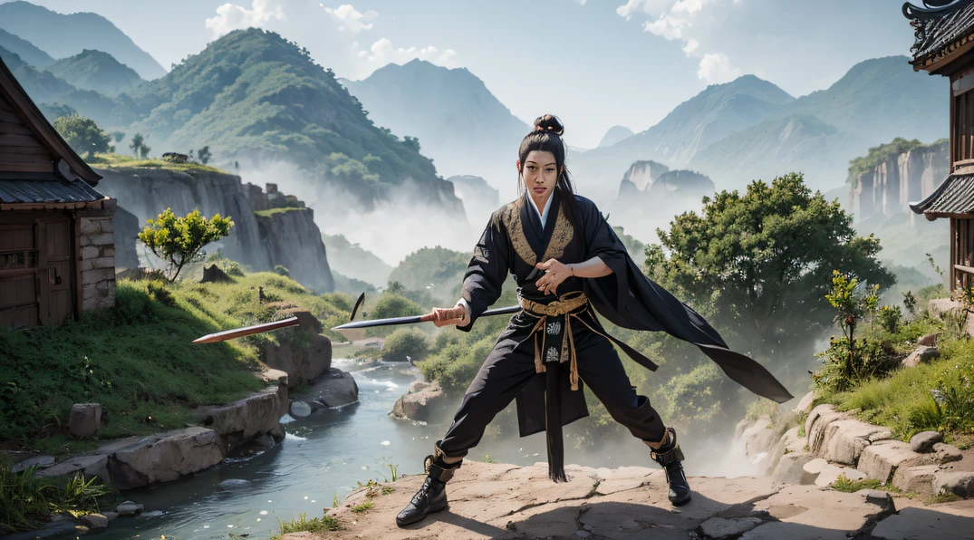 Fly into the fairy world, Chance encounter with Liu Hanshu, He saw in him his former self, It was decided to take him as an apprentice, Teach him how to protect himself, But because of the Tibetan star map, He established relationships with the Liu family and the Jade Sword Sect, It opens with the death of Liu Hanshu, Qin Yu embarked on the road of confrontation with a strong enemy, Working hard, Make yourself stronger, Stick to your own core path of justice, I also want to protect the people I care about, The three brothers took off, And embarked on a long journey to find a good brother, Qin Yu, Where are Xiao Hei and Hou Fei（dense fog）Climb the streets（Doomsday Stream）eyes filled with angry，He clenched his fists，Rush up，Deliver a fatal blow to your opponent，full bodyesbian，Full Body Male Mage 32K（Masterpiece Canyon Ultra HD）Long flowing black hair，Campsite size，zydink， The wounded lined up in the streets（canyons）Climb the streets， The scene of the explosion（canyons）， （Linen batik scarf）， Angry fighting stance， looking at the ground， Batik linen bandana， Chinese python pattern long-sleeved garment， canyons（Abstract propylene splash：1.2）， Dark clouds lightning background，Sprinkle with gold dust（realisticlying：1.4），Black color hair，Flour fluttering，rainbow background， A high resolution， the detail， RAW photogr， Sharp Re， Nikon D850 Film Stock Photo by Jefferies Lee 4 Kodak Portra 400 Camera F1.6 shots, Rich colors, ultra-realistic vivid textures, Dramatic lighting, Unreal Engine Art Station Trend, cinestir 800，Flowing black hair,（（（Jungle Canyon）））The wounded lined up in the streets（vale）Climb the streets，Movie master real-time image quality