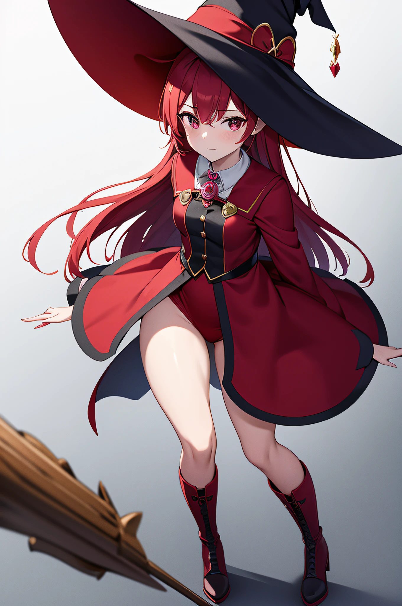 terpiece), (Best Quality), (Detail), ((Color Splash)), Witch, (Red: 1.6), 1 Girl, Solo, pink style costume, witch hat, Brooch, Red Hair, majo costume, Boots, Thighs Thighs, looking at viewer, Broomstick, white background, full body