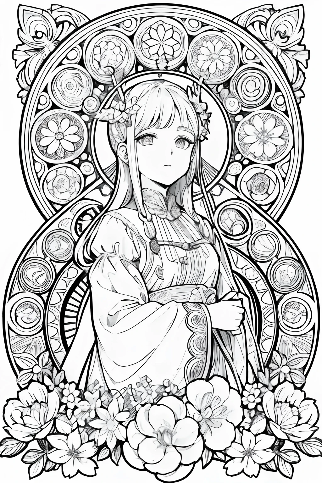 Un dibujo de una mujer con el pelo largo y un vestido floreado, Hermoso arte lineal, intrincado Arte lineal, Lineart perfecto, Anime Art Nouveau, Lineart de tinta extremadamente fina, Anime sombreado de celda intrincado, Lineart limpio, Anime Art Nouveau Coreano, Arte lineal hiperdetallado, Esquemas de anime limpios, Arte de esquema, Arte lineal, Arte lineal detallado, exquisite line art, Diosa japonesa