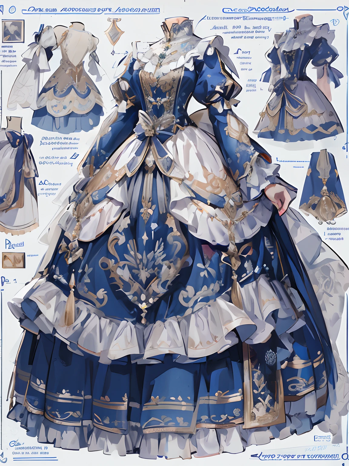 There are a lot of close-ups of dresses in different designs, very detailed and rich clothing, royal robe, Rococo dress, Robe. extremly high detail, intricate costume design, highly detailed exquisite fanart, Highly detailed character design, Detailed clothes, dress in the style of rococo, Robes! Intricate, Costume with blue accents, adorned in majestic attire, imperial royal elegant clothing