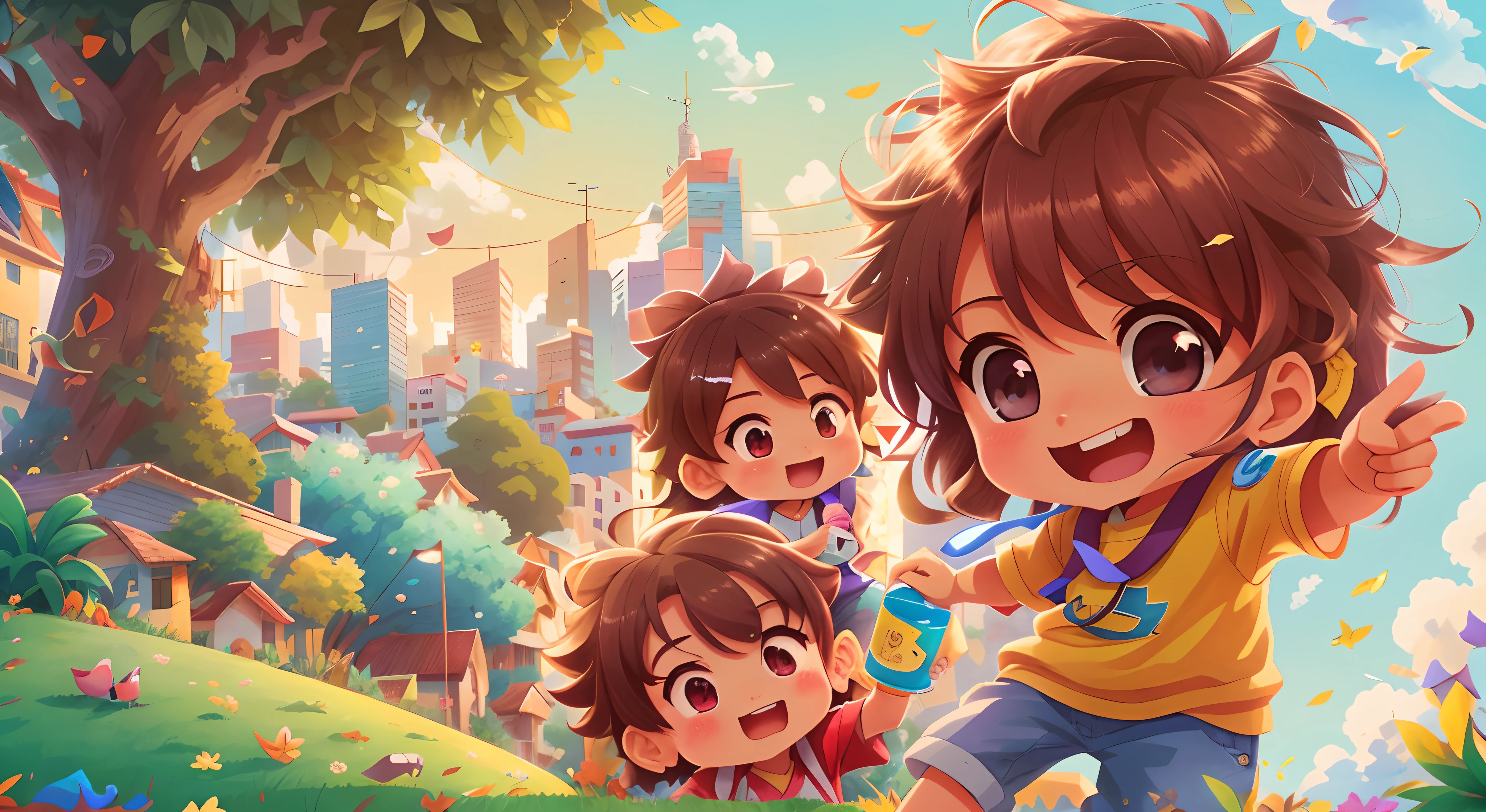 Anime characters are running in a park with a city in the background, Arte infantil em Artstation, arte digital detalhada bonito, official illustration, arte oficial, 8 k cartoon illustration, arte oficial altamente detalhada, estilo de arte bonito, mobile game art, Arte Oficial, Digital anime illustration, arte digital bonito, a beautiful artwork illustration, estilo anime 4K, Kawacy