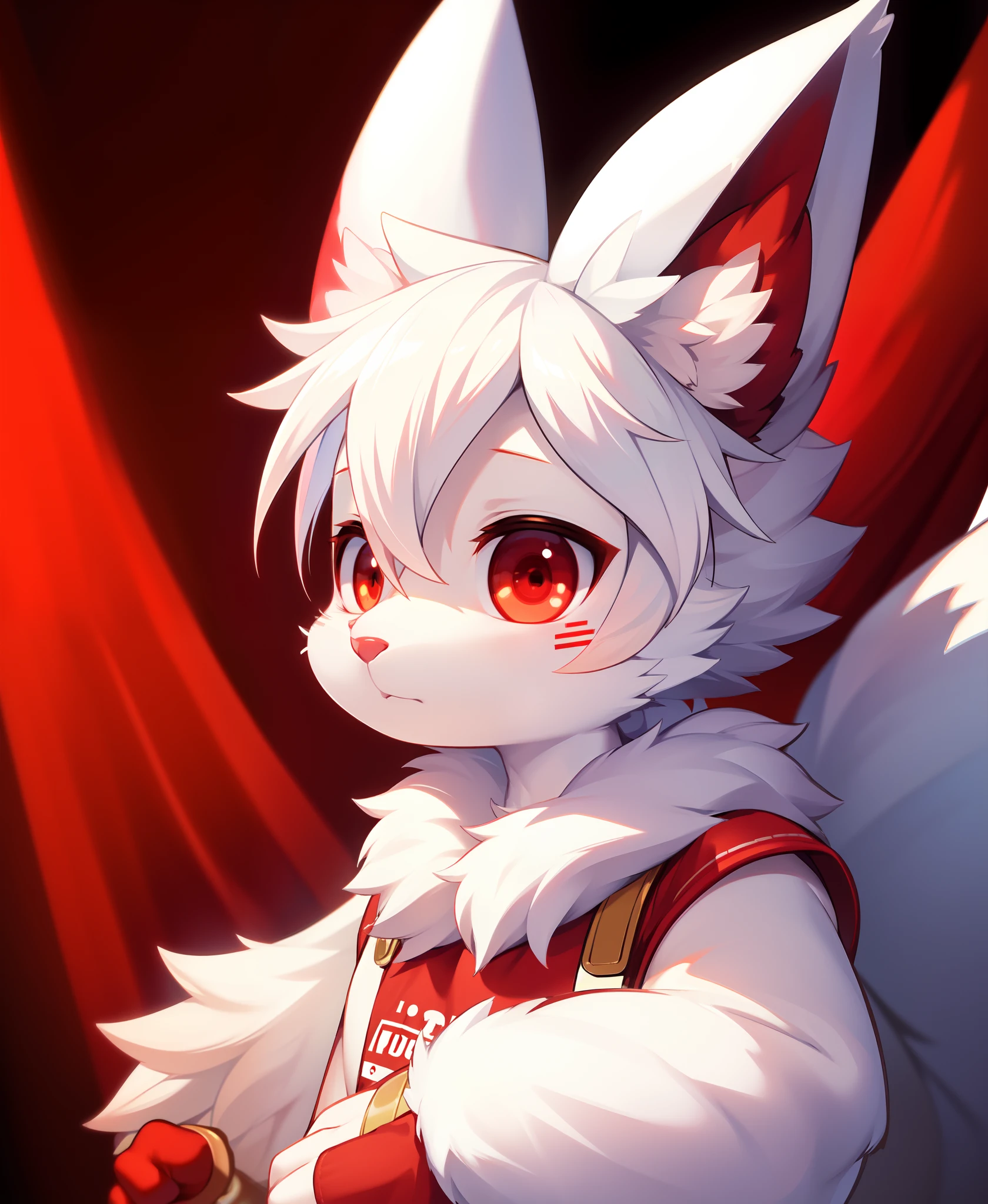 furry, white fur, ultra cute face, red elements on fur, glowing t-shrt, beautiful lights and shadows, ambient light, ultra detailed fur, volumetric light