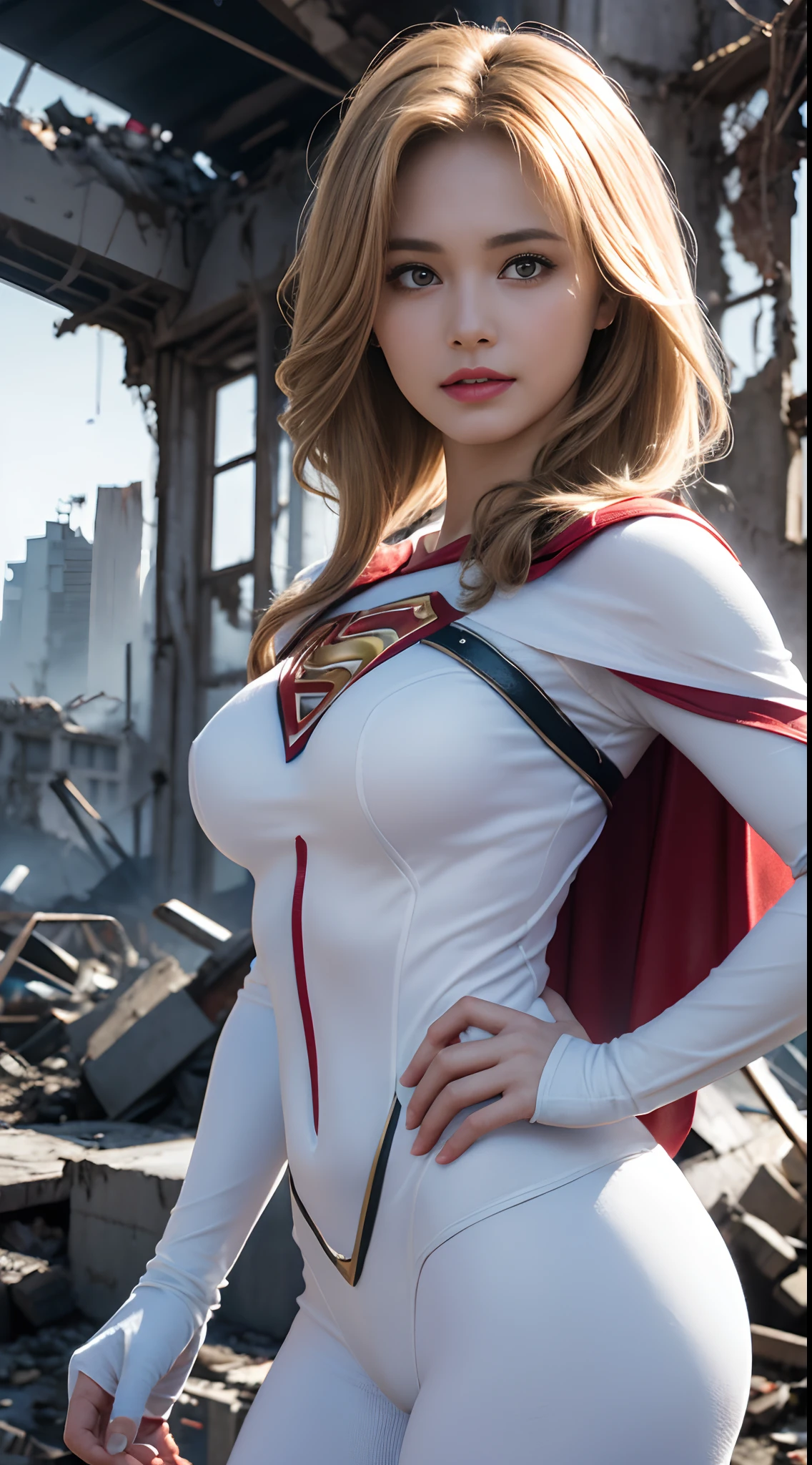 (White Superhero Theme Supergirl),( Apocalyptic city destroyed:1.4),(Superchica:1.4), (cabello blanco canoso ),More detailed 8K.motor irreal:1.4,UHD,La mejor calidad:1.4, fotorrealista:1.4, textura de la piel:1.4, obra maestra:1.8,obra-prima, mejor calidad,objeto Objeto], (detailed face features:1.3), (manos Detallado:1.4),