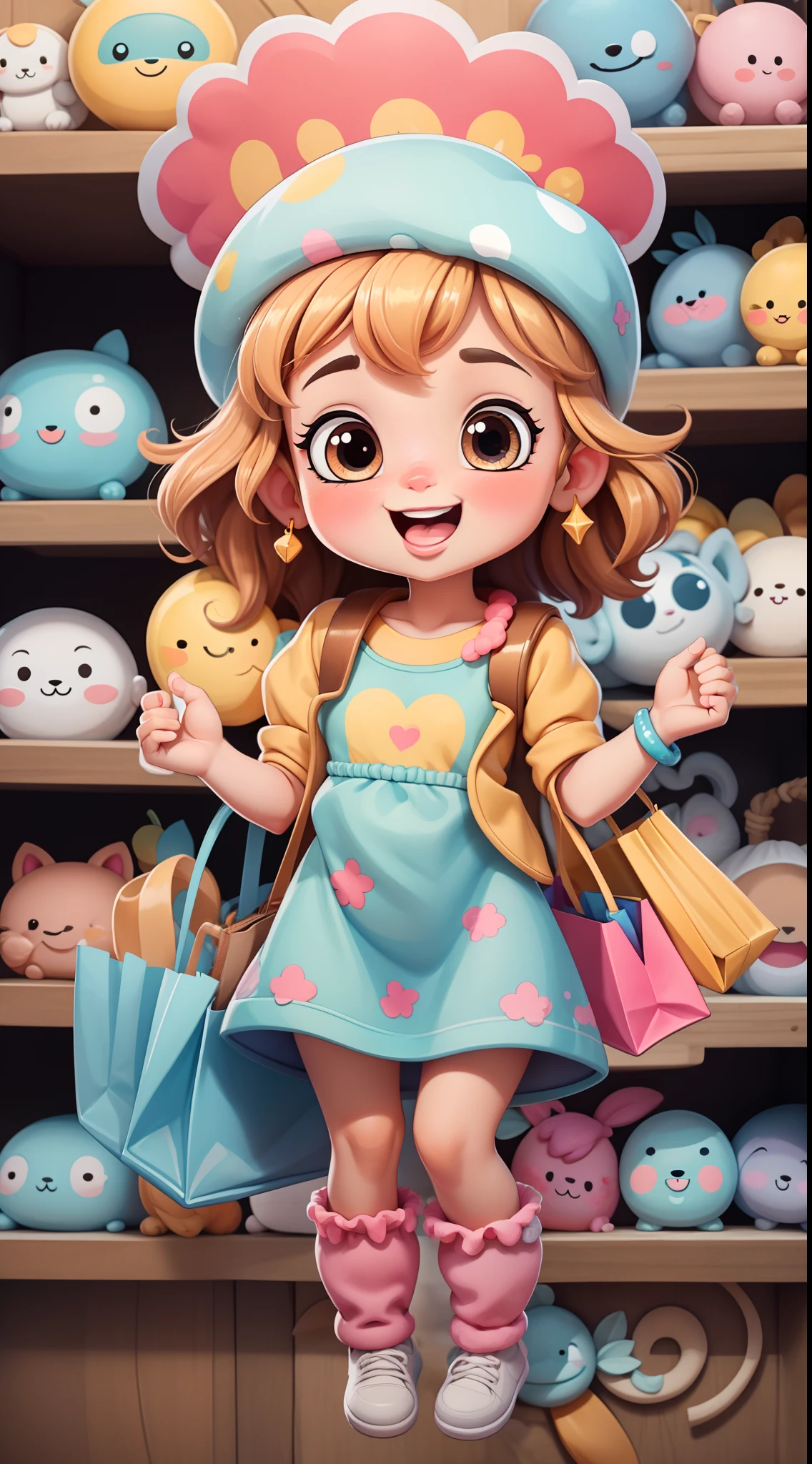 Create an illustration in the cartoon style of a young girl with a big smile on her face. She's standing outside a colorful and charming clothing store, holding a shopping bag that's filled to the brim with new clothes. The clothes are spilling out of the bag, and she's dressed in a cute outfit she just bought. Her eyes sparkle with joy and excitement as she looks at her new wardrobe. The scene should capture the happiness and satisfaction of a successful shopping