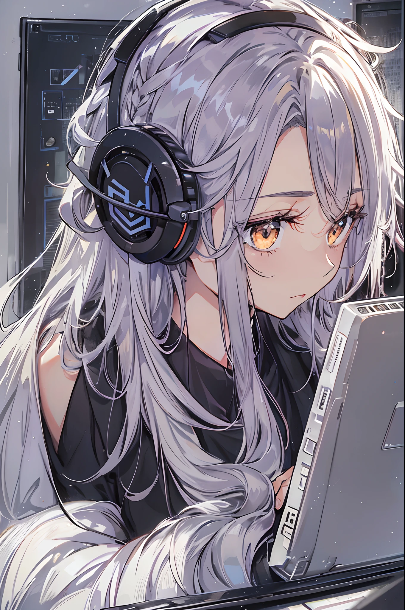 Woman using computer with big screen、silber hair、Semi-long hair、Wearing cool headphones,{{{{{{{{ Black Parker Oversize }}}}}}}},beautiful and delicate golden eyes,Thinking,Black clothes,
