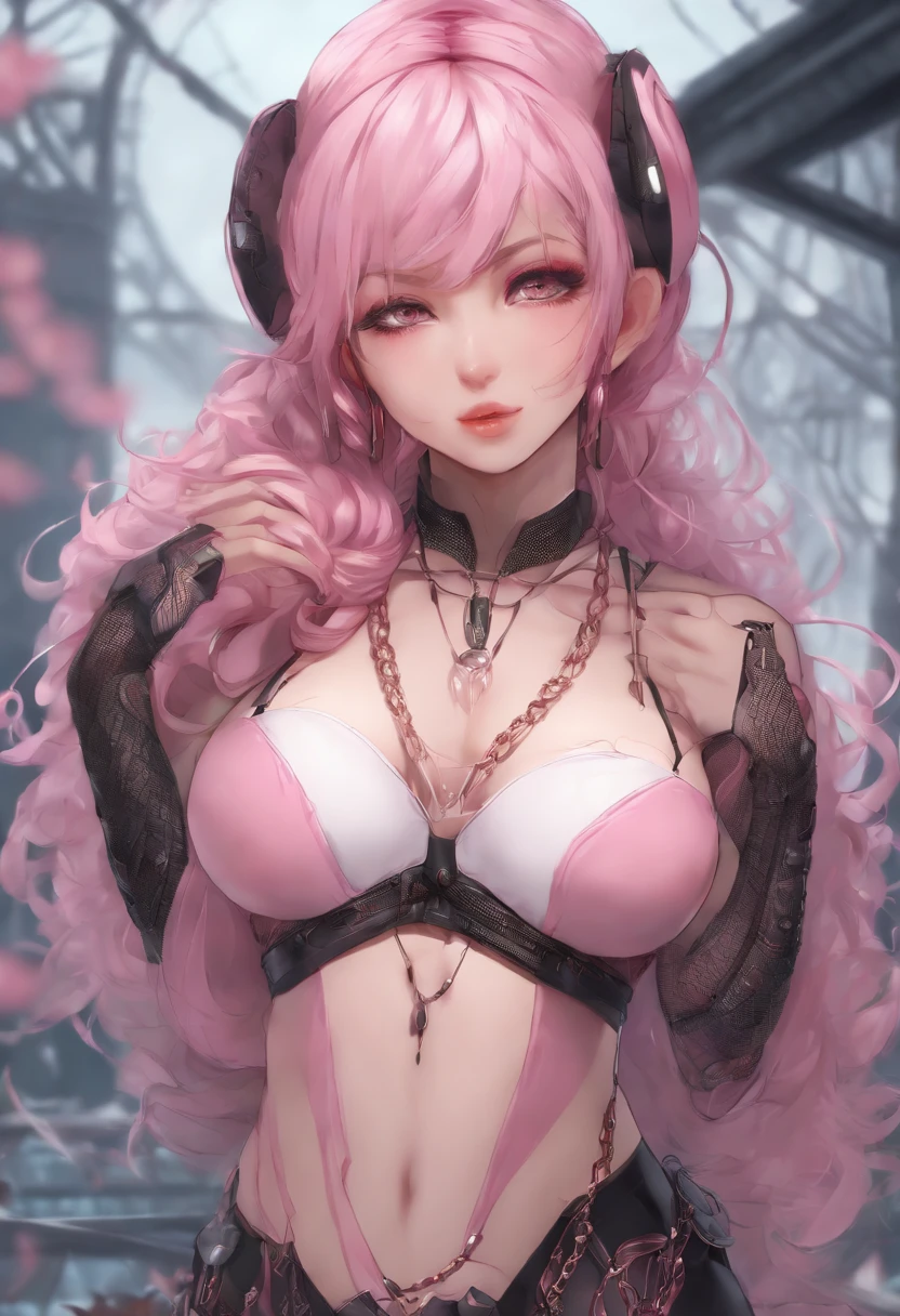 anime girl with pink hair and fishnets posing for a picture, scales covering her chest, biomechanical oppai, best anime 4k konachan wallpaper, seductive anime girl, oppai cyberpunk, ((pink)), ahegao, scales on her chest, anime monster girl, detailed digital anime art, lewd, covered in pink flesh, 8k high quality detailed art