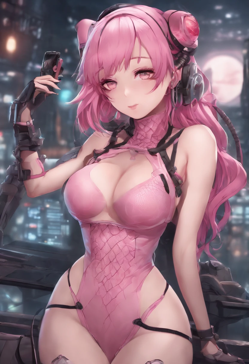 anime girl with pink hair and fishnets posing for a picture, scales covering her chest, biomechanical oppai, best anime 4k konachan wallpaper, seductive anime girl, oppai cyberpunk, ((pink)), ahegao, scales on her chest, anime monster girl, detailed digital anime art, lewd, covered in pink flesh, 8k high quality detailed art