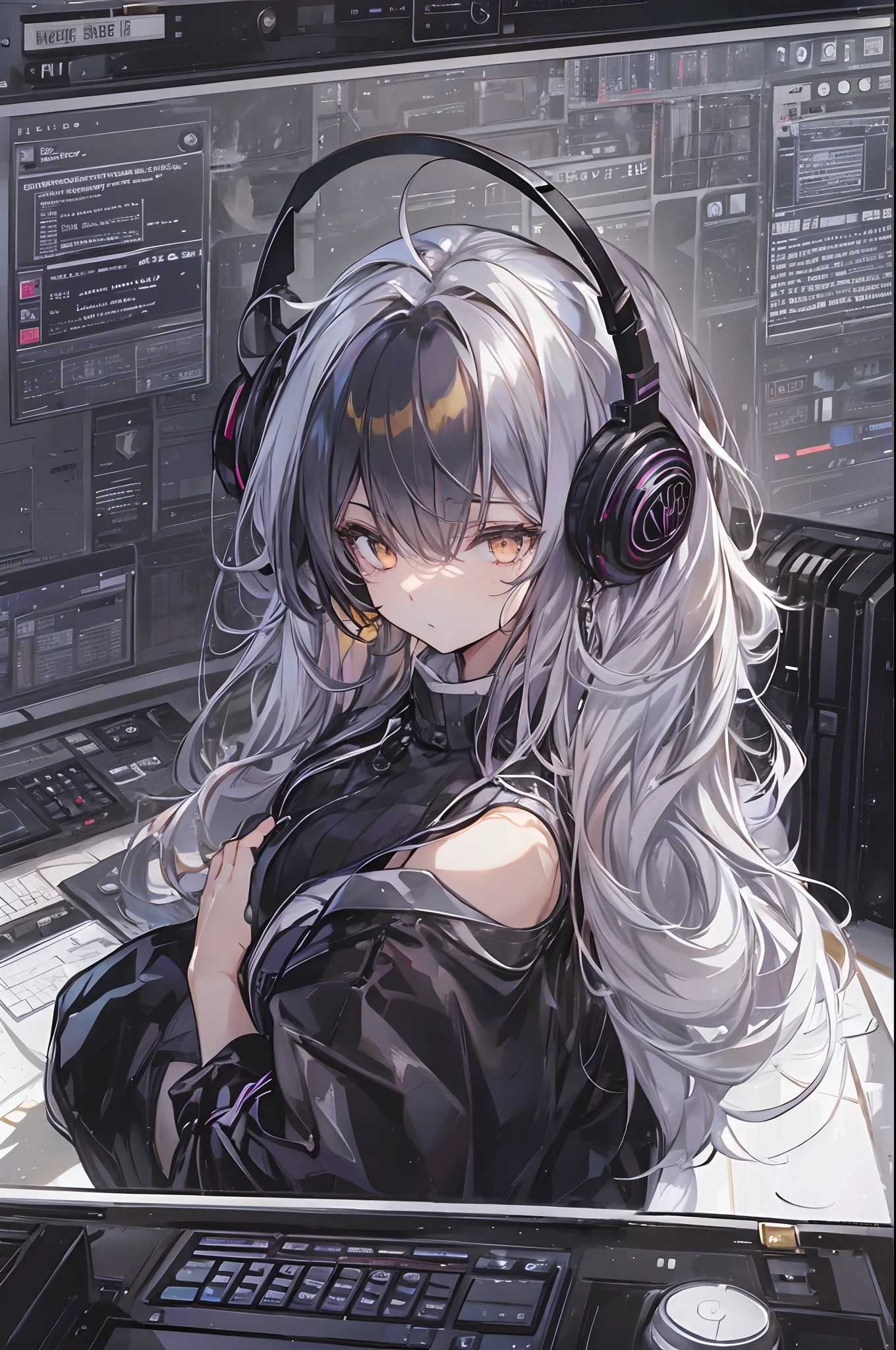 Woman using computer with big screen、silber hair、Semi-long hair、Wearing cool headphones,{{{{{{{{ Black Parker Oversize }}}}}}}},beautiful and delicate golden eyes,Thinking,Black clothes,