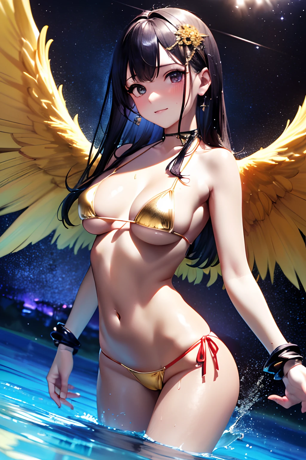 ((masutepiece)), Best Quality, Super Detail, HDTV, Highly detailed CG unified 8K wallpaper, Perfect Anatomy, Cinematic Light, Detailed hand, ((((High angle)))), (One woman with big breasts with sexy charm), ((High definition beauty face,Full body)), ((angelicales,Six Wings,golden wings,A glowing ring overhead,Small Area Micro Bikini,maikurobikini,Red Micro Bikini,Golden edging)), ((Fantastic space,cosmic space,Starshine,float,bewitching poses)), (Big background), (Eye of Detail: 1.4), (Wet body)), Shiny skin, Fine-grained skin, Fine-grained hair, Cowboy Shot,