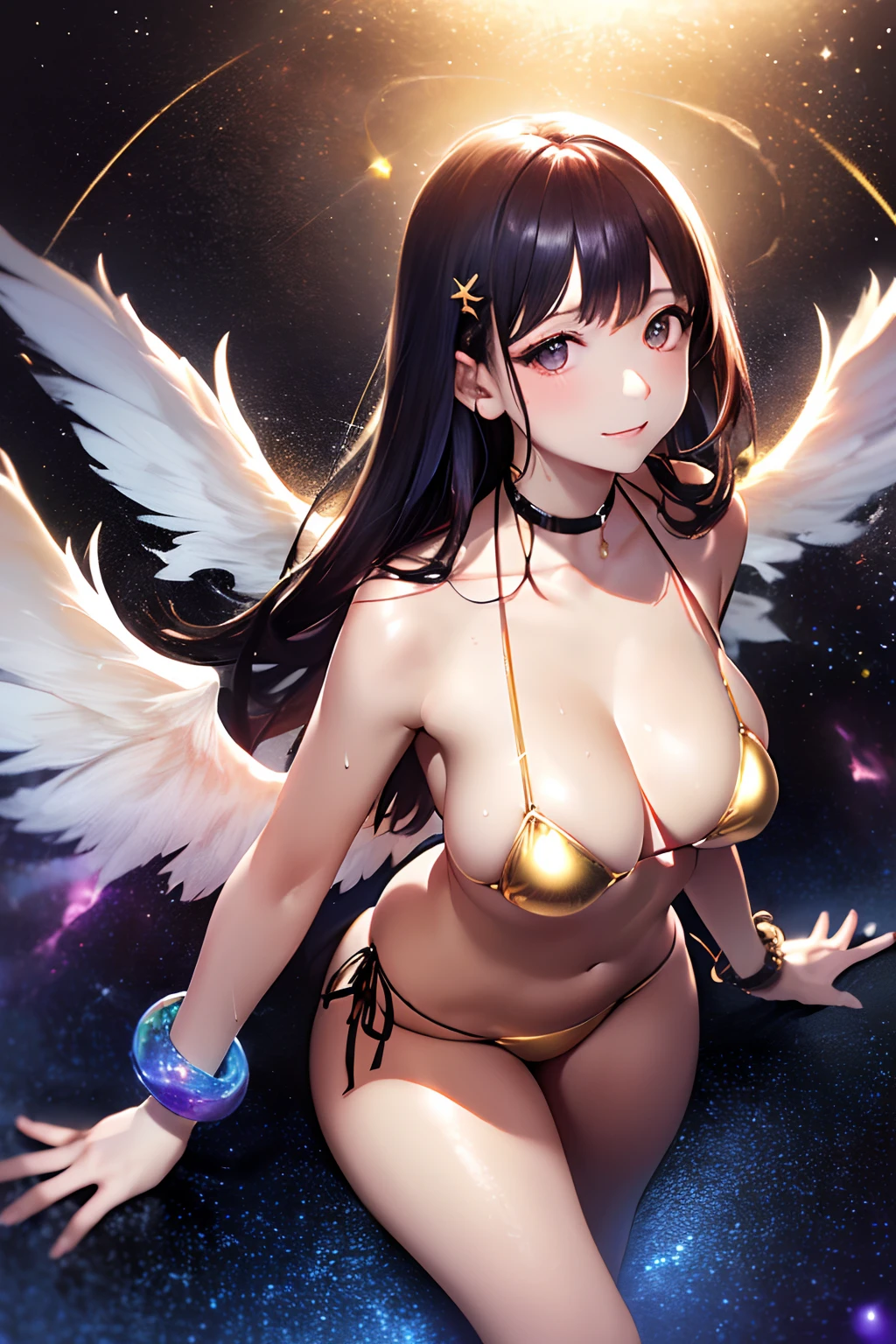 ((masutepiece)), Best Quality, Super Detail, HDTV, Highly detailed CG unified 8K wallpaper, Perfect Anatomy, Cinematic Light, Detailed hand, ((((High angle)))), (One woman with big breasts with sexy charm), ((High definition beauty face,Full body)), ((angelicales,Six Wings,golden wings,A glowing ring overhead,Small Area Micro Bikini,maikurobikini,Red Micro Bikini,Golden edging)), ((Fantastic space,cosmic space,Starshine,float,bewitching poses)), (Big background), (Eye of Detail: 1.4), (Wet body)), Shiny skin, Fine-grained skin, Fine-grained hair, Cowboy Shot,