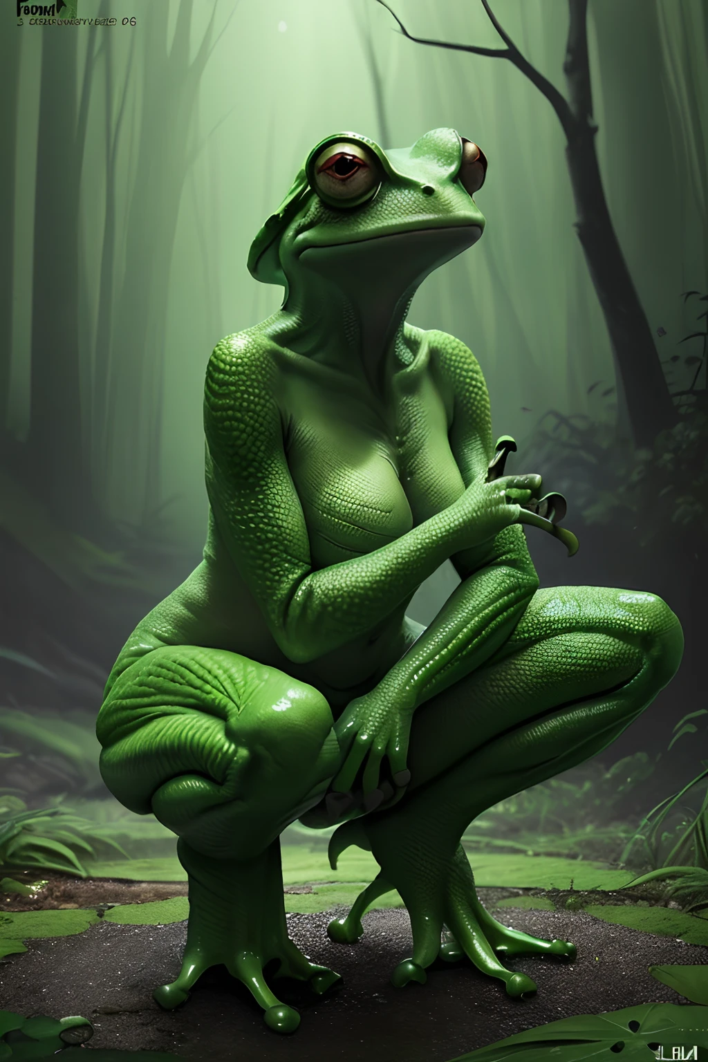 Fantasy creature, Frog Woman, (Femininity:1.5), Green body, Full body, Animal anthropomorphism, smooth green skin, frog-like head, large red eyes, squatting, Realistic Digital, Humanoid, Convoluted, epic, Dramatic, masterpiece, high detailing, Best Quality, A high resolution, Horror movie lighting