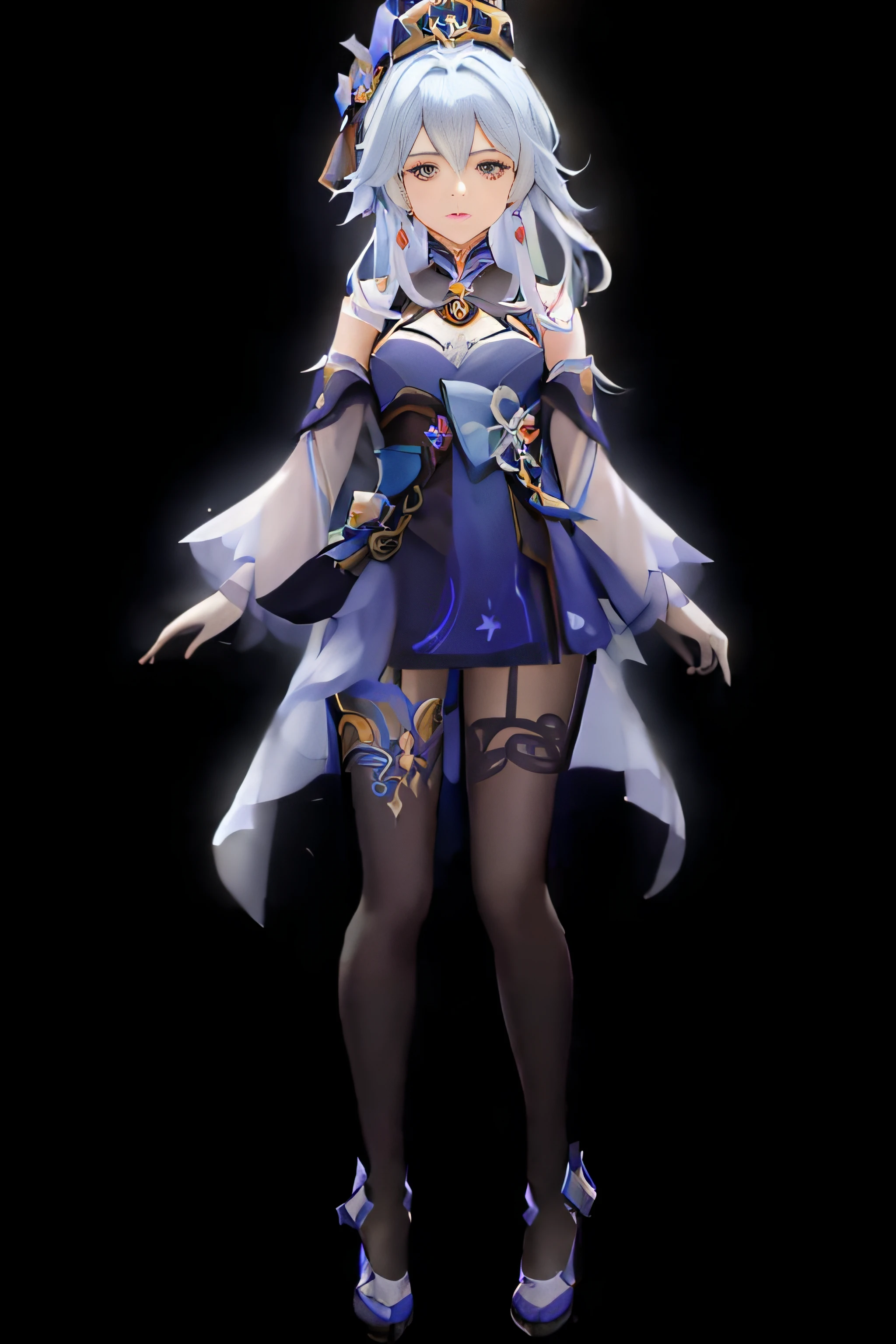 A woman in a blue dress and black stockings stands in the dark, full-body xianxia, lunar themed attire, beautiful full-body concept art, A scene from the《azur lane》videogame, astral witch clothes, Ayaka Genshin impact, Genshin impact's character, Keqing from Genshin Impact, Ross Tran style, Irelia, Guviz