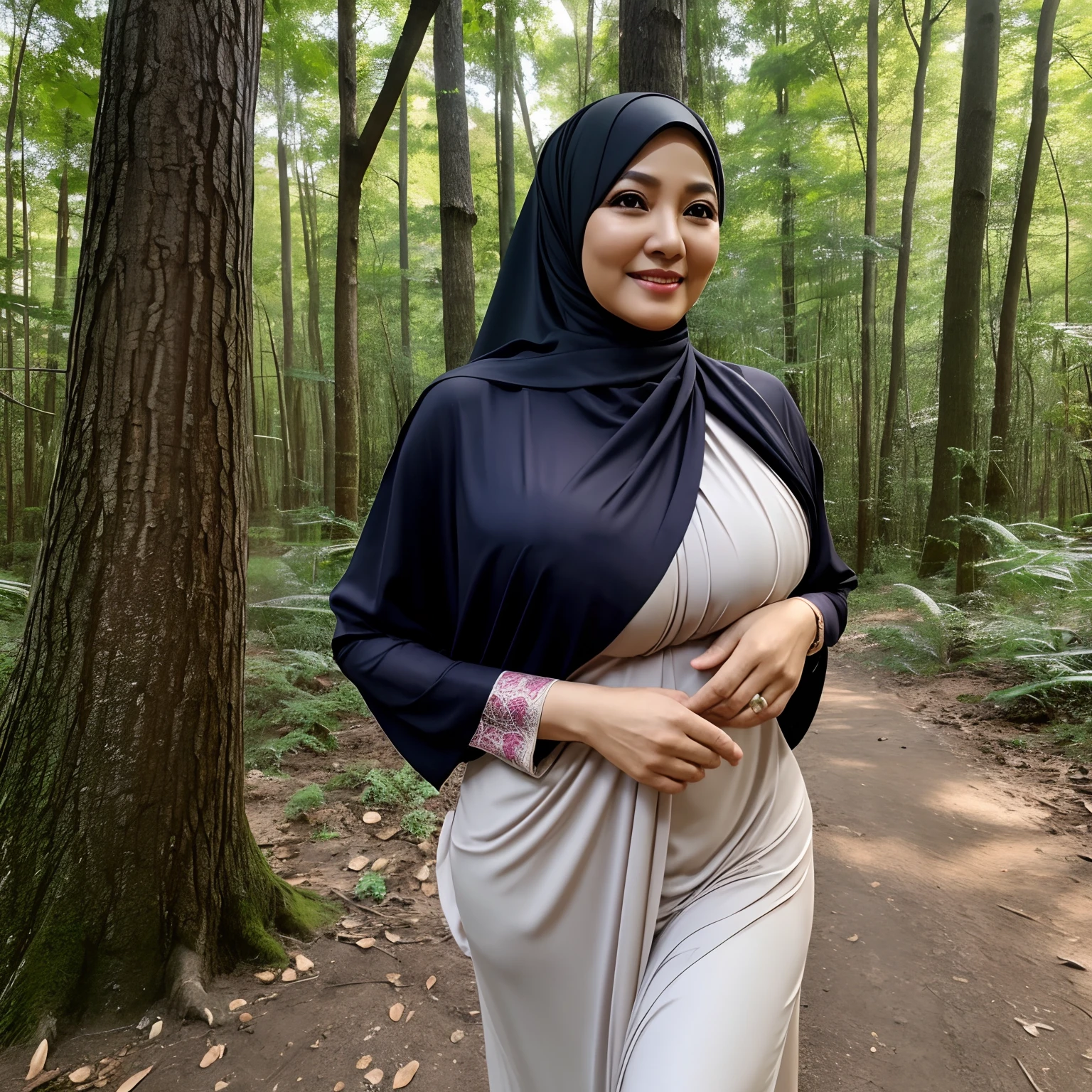 56 years old, Malaysian Hijab mature woman, Huge natural breast, Droopiest Breast, PP Cup breast, Full body, seductive Face, Seductive Smile, at forest