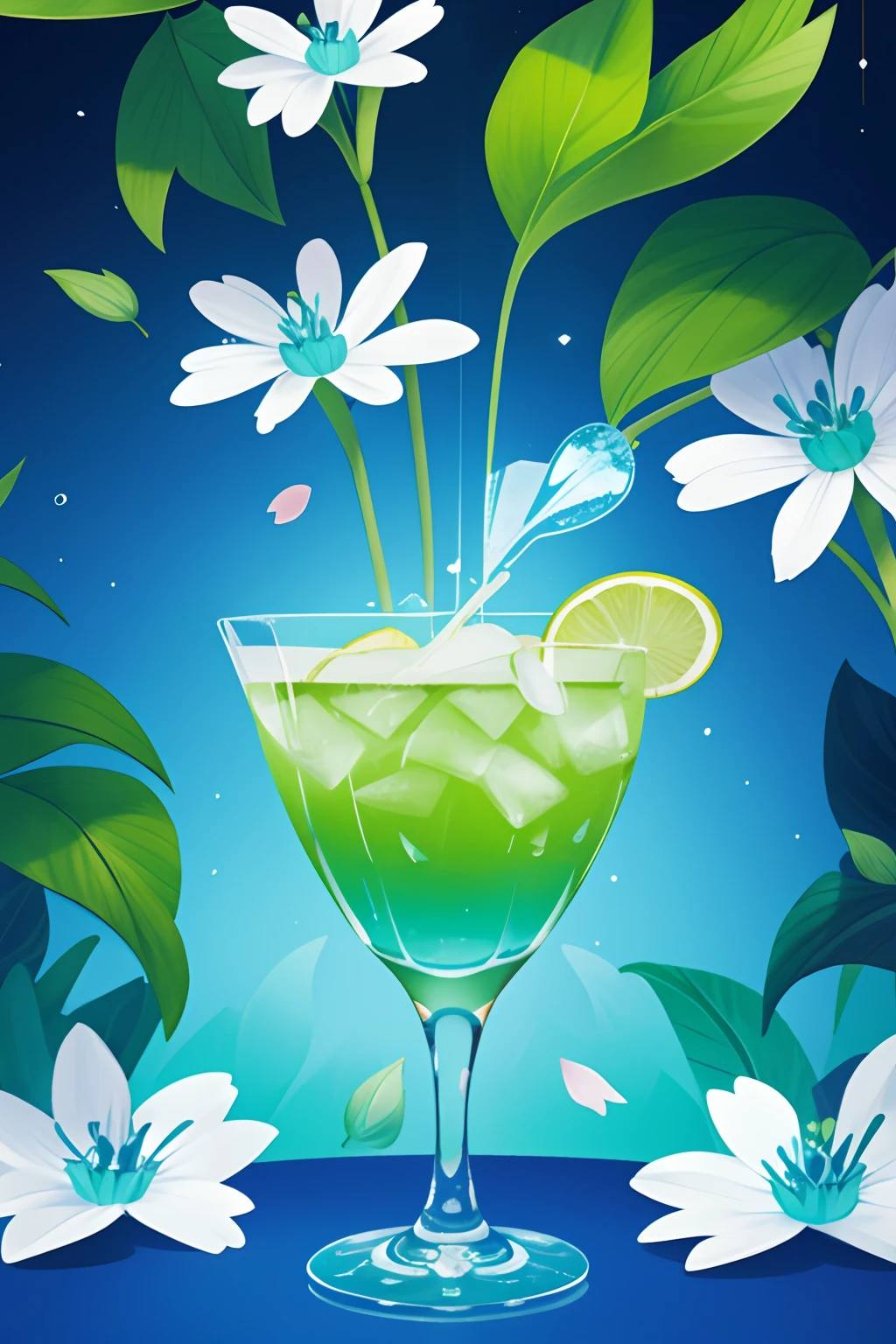 A kawaii girl is pouring a cocktail with a flourish, petals of blue and green cascading around her as she creates a dazzling display.