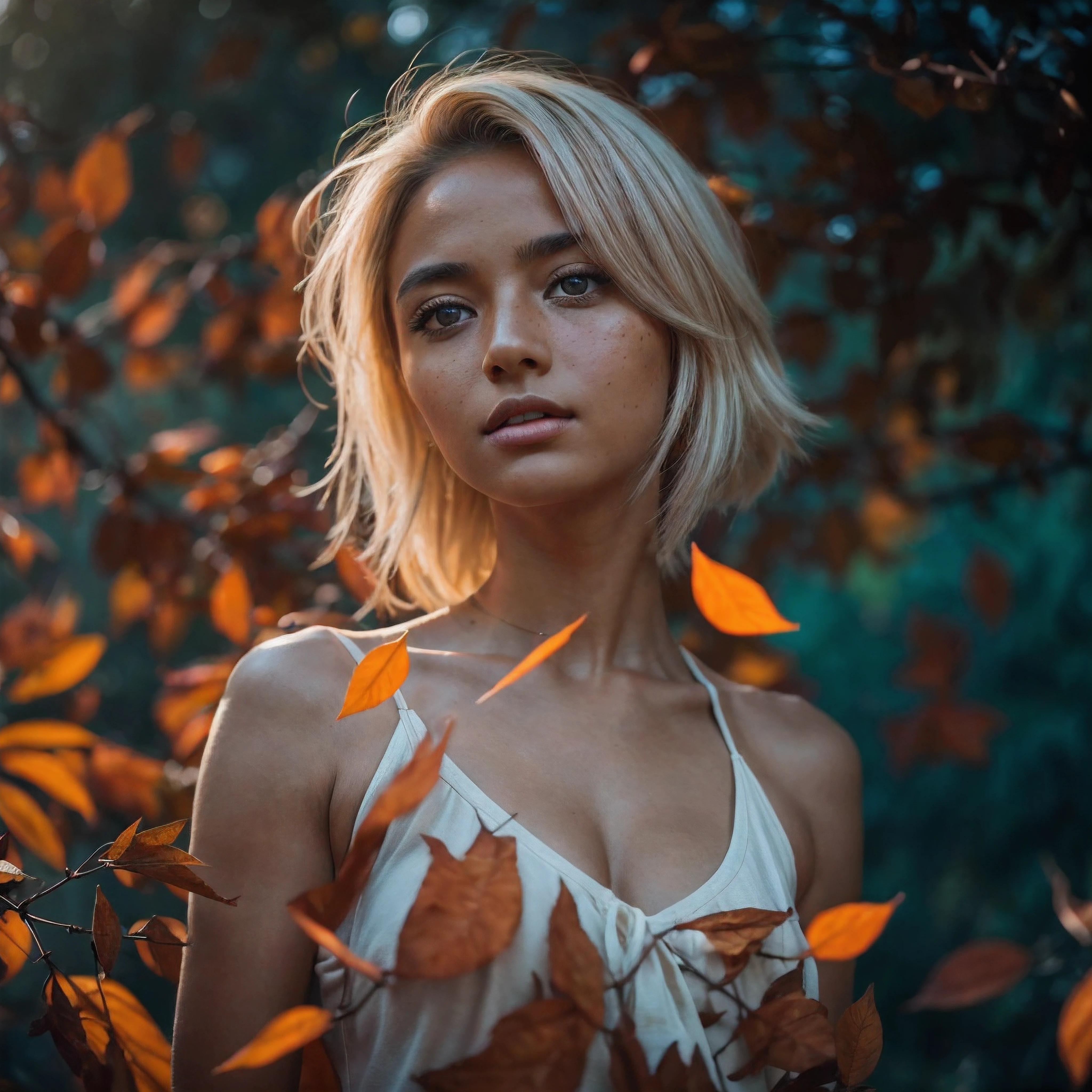 (Cinematic Silhouette of an adult female against an orange backdrop), (falling turquoise leaves around her:1.1), voluminous white hair highlighted, calm expression profiled, (small breasts, orange top off shoulders), freckled skin, the photograph captured in stunning 8k resolution and raw format to preserve the highest quality of details, (her eyes are portrayed with meticulous attention to detail: 1.3), The photograph is taken with a lens that emphasizes the depth in her eyes, the backdrop is a dark room setting that enhances the colours of the scene. The lighting and shadows are expertly crafted to bring out the richness of her skin tone and the intense atmosphere. Her hair adds contrast against her skin, the overall composition captures her essence with authenticity and grace, creating a portrait that celebrates her heritage and beauty. Photography utilizing the best techniques for shadow and lighting, to create a mesmerizing portrayal that transcends the visual,