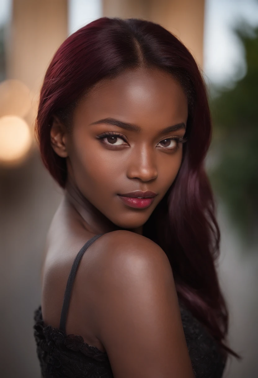 (((a deep reddish wound crosses her left cheek))) African dark black girl melanin complexion, woman around 19 years old, red hair, distinctive lilac purple eyes, slender and graceful, beautiful, black, alluring, candlelight in a modern setting, ultra sharp focus, realistic shot, modern female clothes,