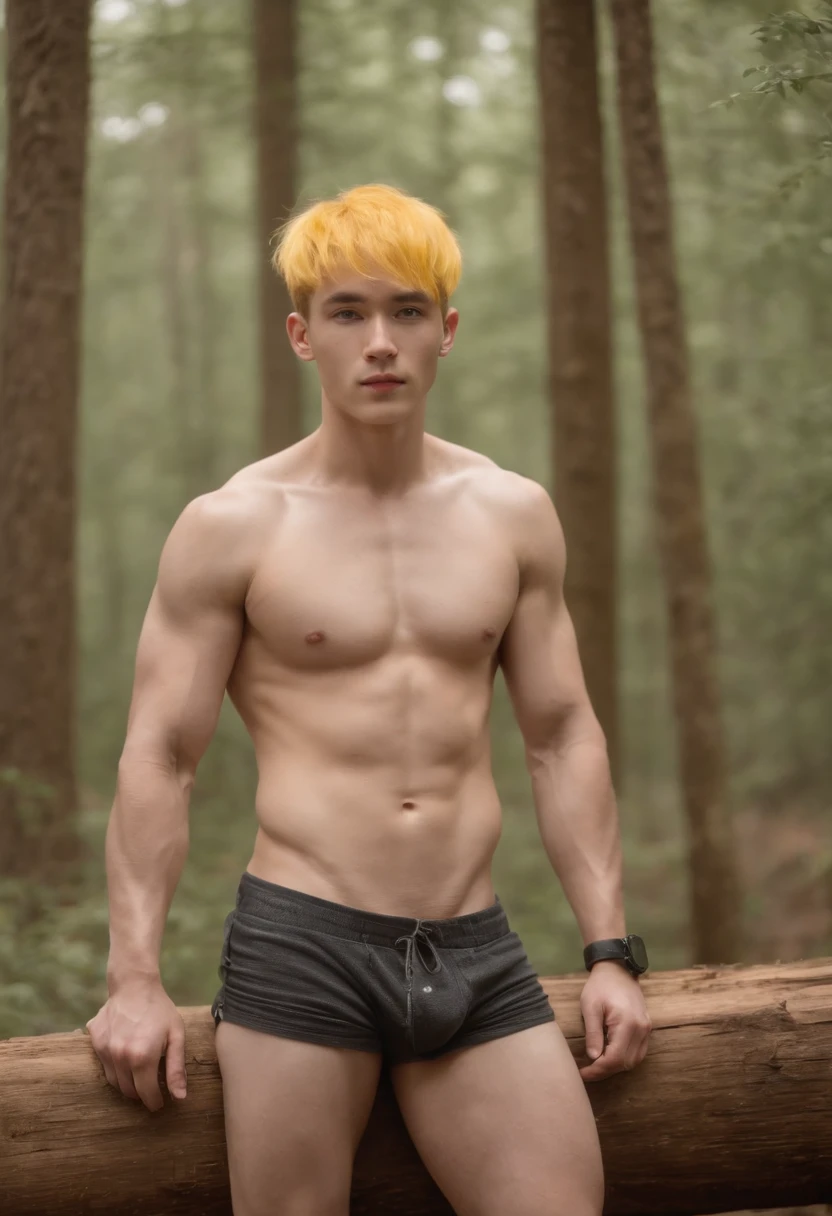 Photo of a muscular boy in his 20s naked without clothes,Local parts are visible、 Standing with legs stretched on logs in foggy forest, abundant yellow hair, Bushy bangs, Beautiful eyes that sparkle, Beautiful face with symmetry, Cute and innocent smile, without makeup, Unadorned, Film grain, dreamy photo, Concept photo,  film photography, photos realistic, realisitic, Sharp Focus, 14k, ighly detailed, cgsociety, ultra-definition, Very fine particles, Dusty photo, Grain Filter