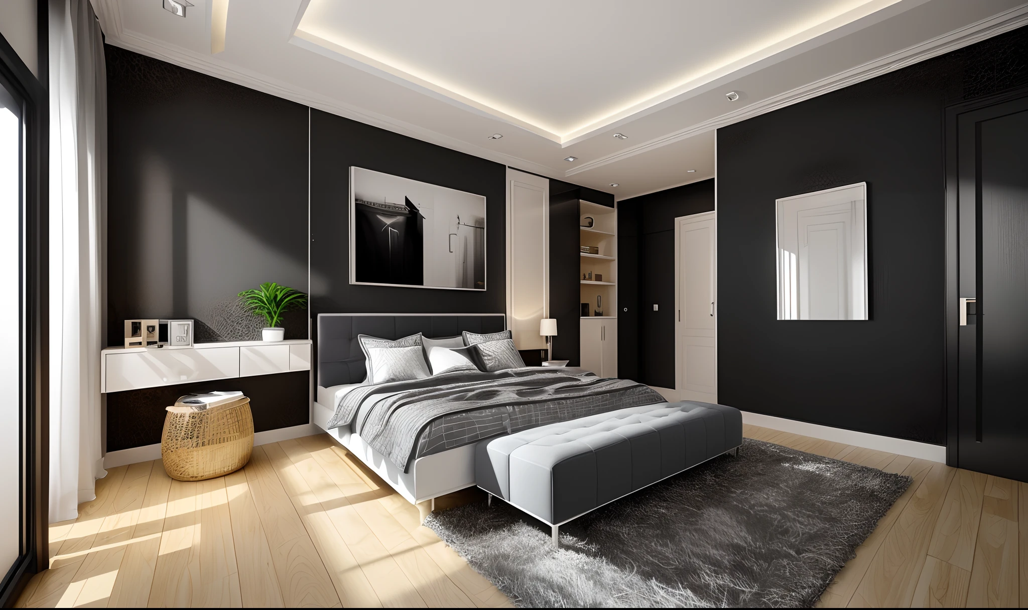 (masterpiece),(high quality), best quality, real,(realistic), super detailed, (full detail),(4k),8k,indoors,table, couch, potted plant, plant, scenery, chair, solo, wide shot, window, sitting, socks, instrument, plate, carpet, pillow, shoes, bed,a rendering of a bedroom with a bed and a dresser, an interior of room, inside of a bedroom, bedroom interior, sketch black and white colors, interior of room, in style of 3d render, bed room, black and white scheme, bedroom background, interior of a small room, sketch illustration, room interior, dim bedroom, interior design background, (( Masterpiece)), high quality, ultras realistic, 8k, modern style, hitech style, ((true light)), concept lighting, luxury style, modern style, hitech style, retro style,