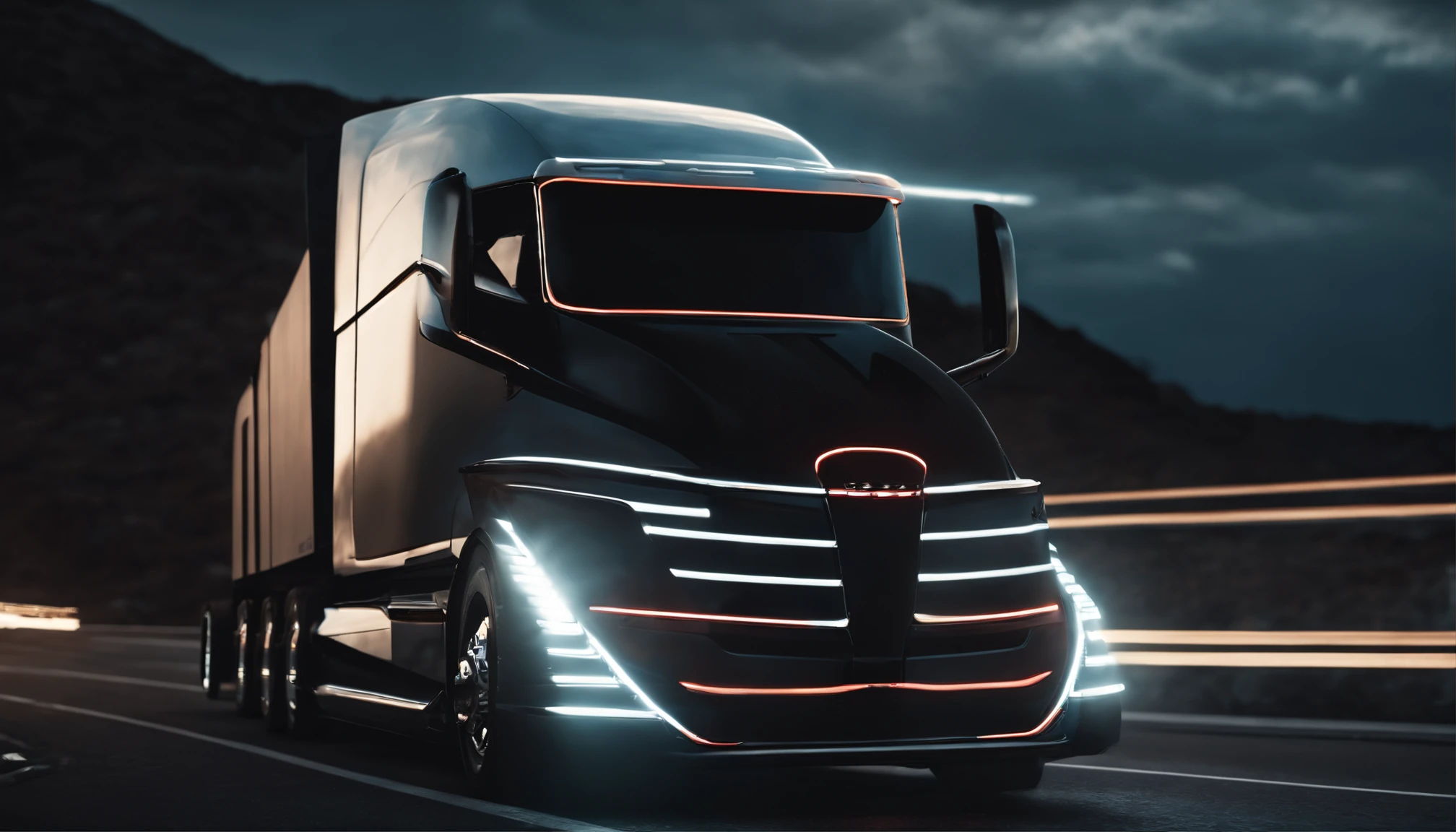 a close up of a semi truck driving on a road, transportation design render, vehicle concept photo!!, futuristic vehicle, futuristic product car shot, digital render, by Kuno Veeber, futuristic vehicles, truck, futuristic chrome vehicle, vehicle design, vehicle illustration, digital art render, cybertruck, trending on vehicle design, concept design art octane render, artistic render