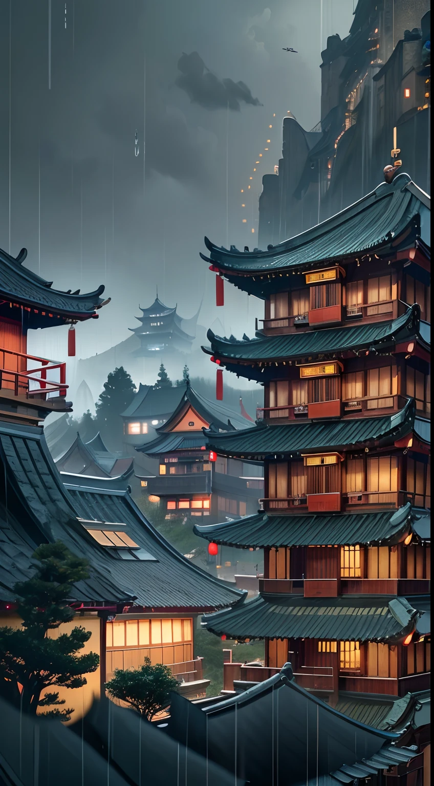 arafed view of a village with a lot of lights on the buildings, dreamy chinese town, chinese village, amazing wallpaper, japanese town, japanese village, hyper realistic photo of a town, old asian village, japanese city, by Raymond Han, rainy evening, cyberpunk chinese ancient castle, beautifully lit buildings, at evening during rain, beautiful and aesthetic, photography, cinematic, 8k, high detailed ((Heavy rain)))