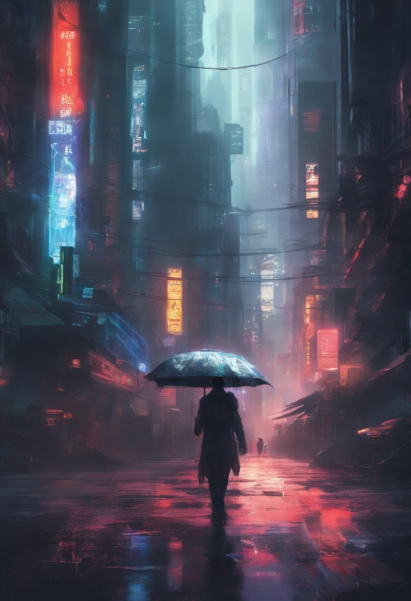 There is a man walking down the street with an umbrella, Liam Wong(Liam Wong)Cyberpunk art inspired by, trending on Artstation, digital art, Rainy Cyberpunk City, Cyberpunk Blade Runner Art, Cyberpunk Digital Painting, Cinematic Digital Painting, ross tran 8 k, Cyberpunk Art Surreal 8K, Cinematic Matte Illustration, Like a scene from Blade Runner, 8K Digital Painting, Cyberpunk Theme Art