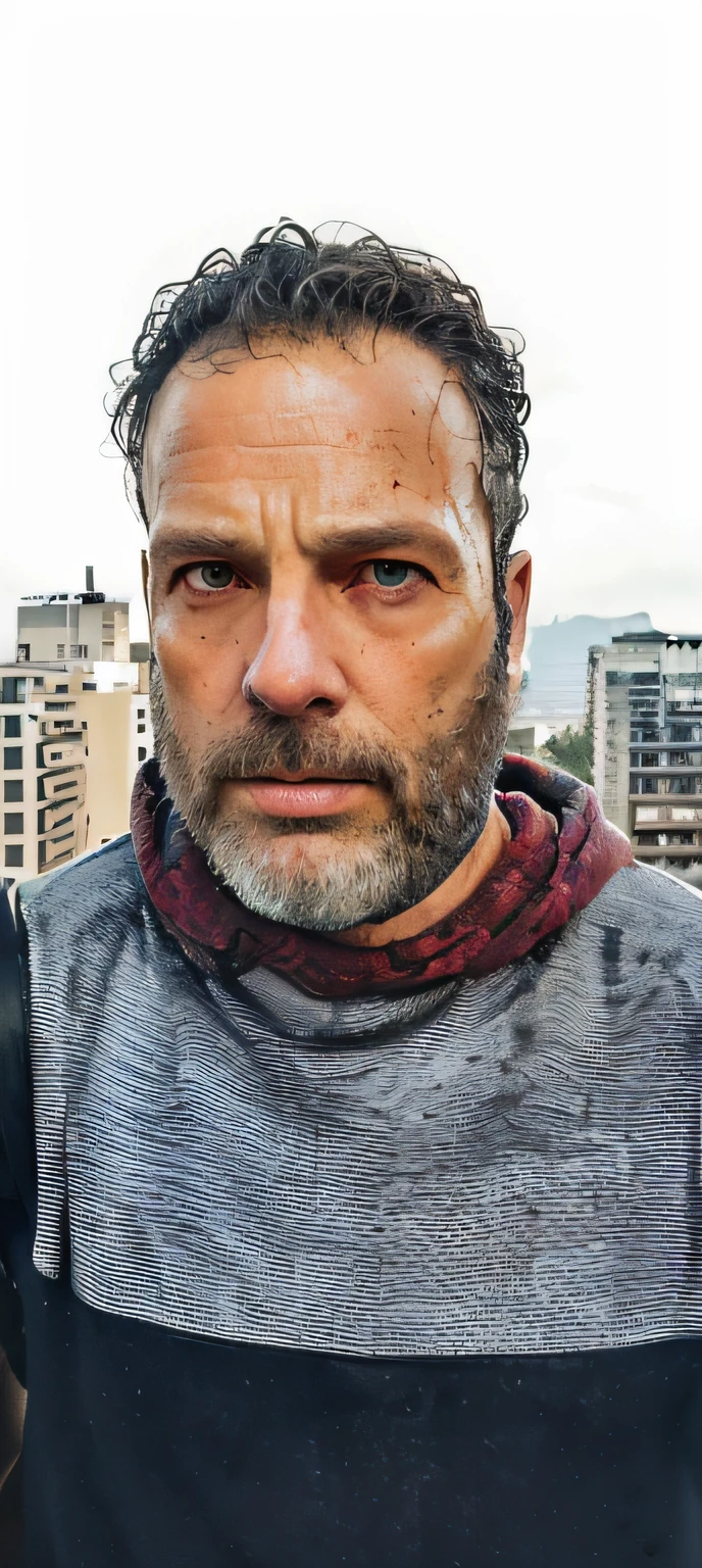 Como Rick Grimes de The Walking Dead, meio corpo, XF IQ4, 150MP, 50mm, ISO 1000, 1/250s, luz natural, Adobe Lightroom, photolab, Affinity Photo, PhotoDirector 365