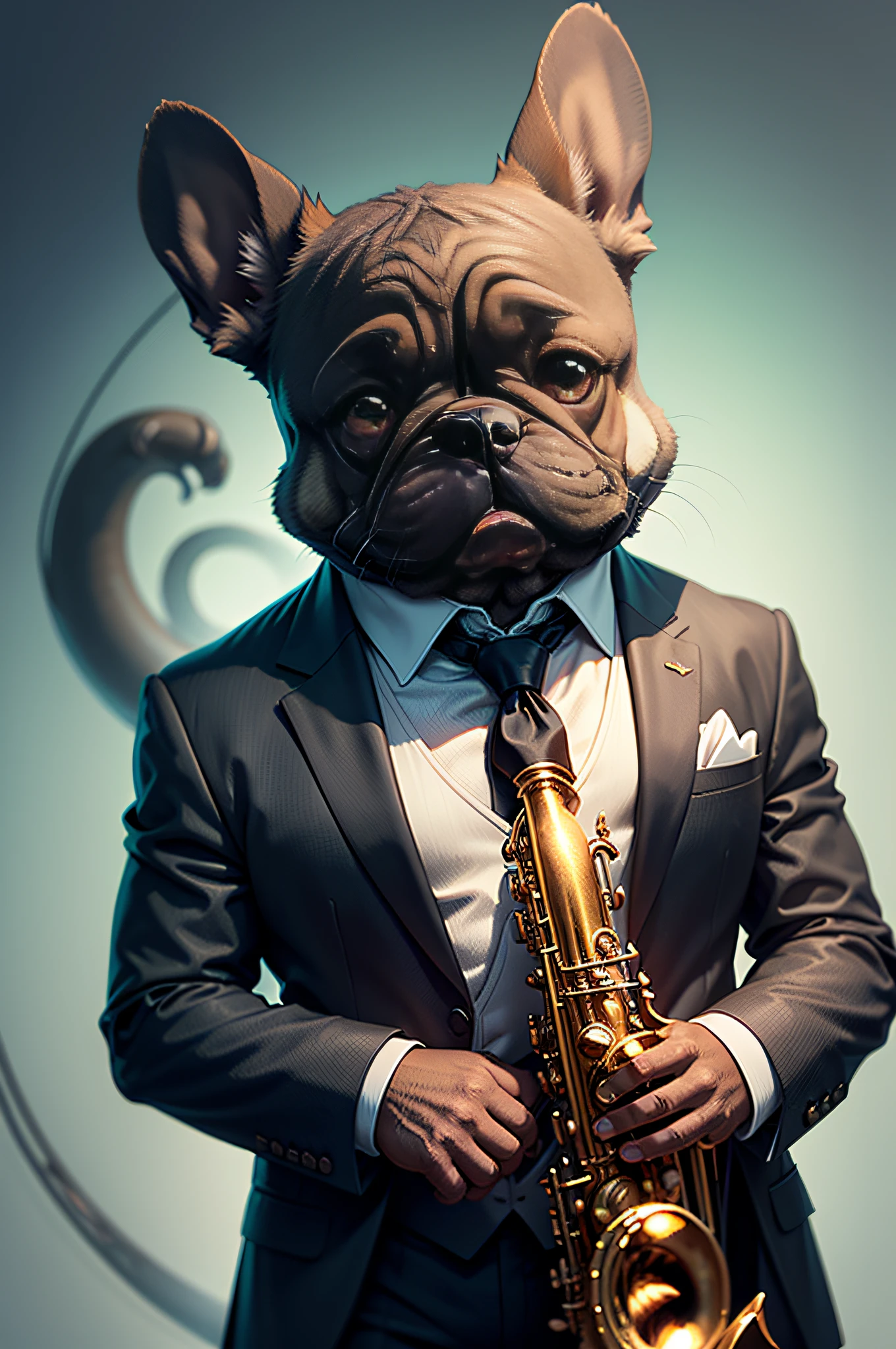 (Man in black suit and tie)Cartoons playing the saxophone intensely、Anthropomorphic French Bulldog