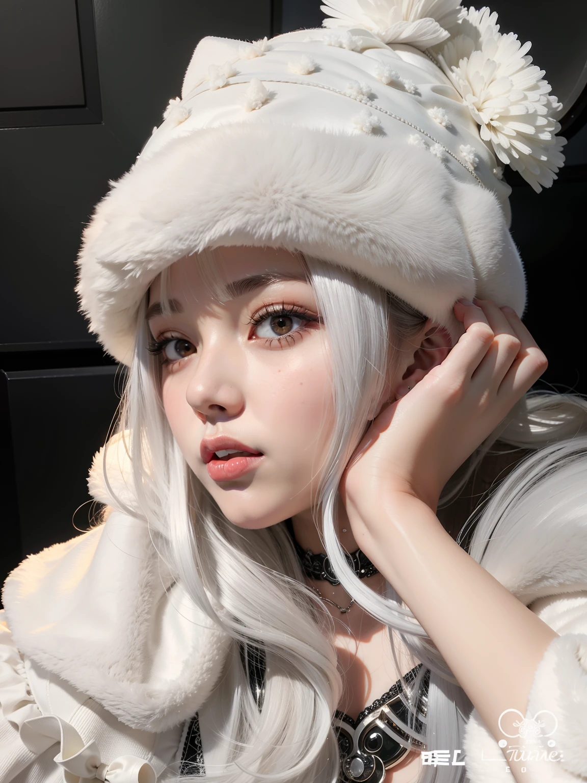 Mujer con sombrero blanco y abrigo peludo, ulzzang, pale snow white skin, Sakimichan, Shikamimi, Peinado blanco de corte hime, Guweiz, Lalisa Manobal, con pelo largo blanco, Retrato realista kawaii, flequillo blanco, pale milky white porcelain skin, Cabello largo y blanco y flequillo, flequillo esponjoso