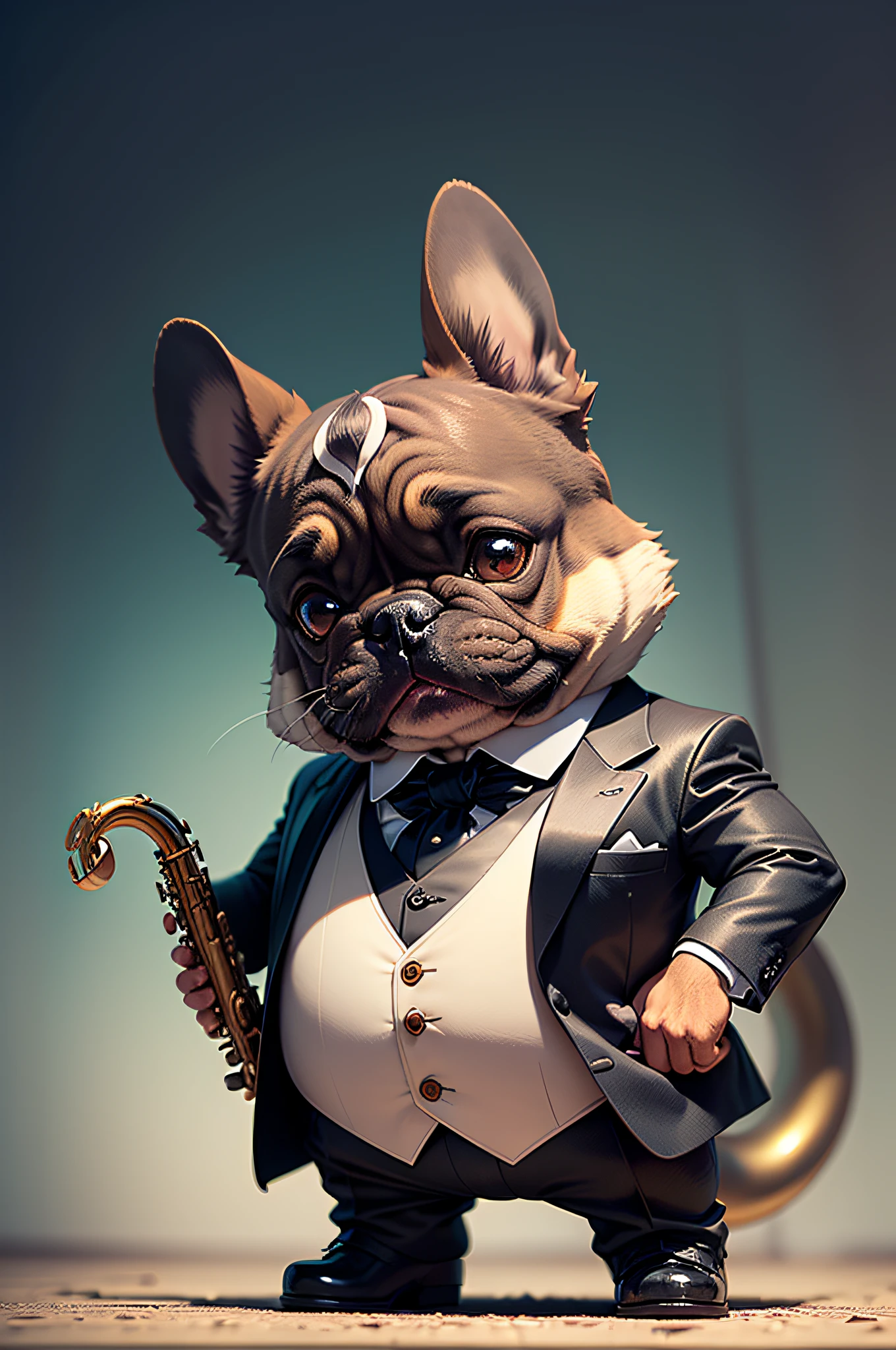 (Man in black suit and tie)Cartoons playing the saxophone intensely、Anthropomorphic French Bulldog