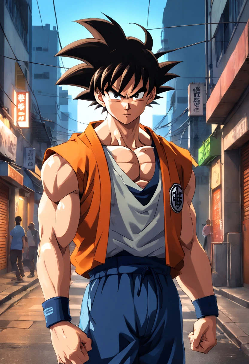 (Realistic,fotorrealista:1.37),ultra-detalhado,Detailed illustration of Goku(circunstanciado,emocional,Expressivo,feature),com roupas estilo streetwear(fashionable,Urbano,casual),Standing in a narrow alley(sombrio,corajoso,Urbano),criado com sombreamento e texturas detalhadas(linhas detalhadas,textured surfaces),cores vivas com uma mistura de tons vibrantes de arte de rua(grafity,Arte Pop,arte Urbanoa),exalando uma aura de poder(poderoso,Energetic,Dynamic presence). The lighting in the scene should be dramatic and focused, com fortes contrastes entre luz e sombra (dramatic lighting,High contrast lighting). Overall image quality should be of the highest standard (best quality,4k,8k,Altas,master part:1.2), capturando cada detalhe intrincado do rosto de Goku, penteado, garments, and muscular physique(tags adicionais para Goku: cabelo espetado, muscular build, confident expression, Olhos determinados). A atmosfera do beco deve refletir um ambiente Urbanoo e arenoso, with hints of a city skyline in the background.