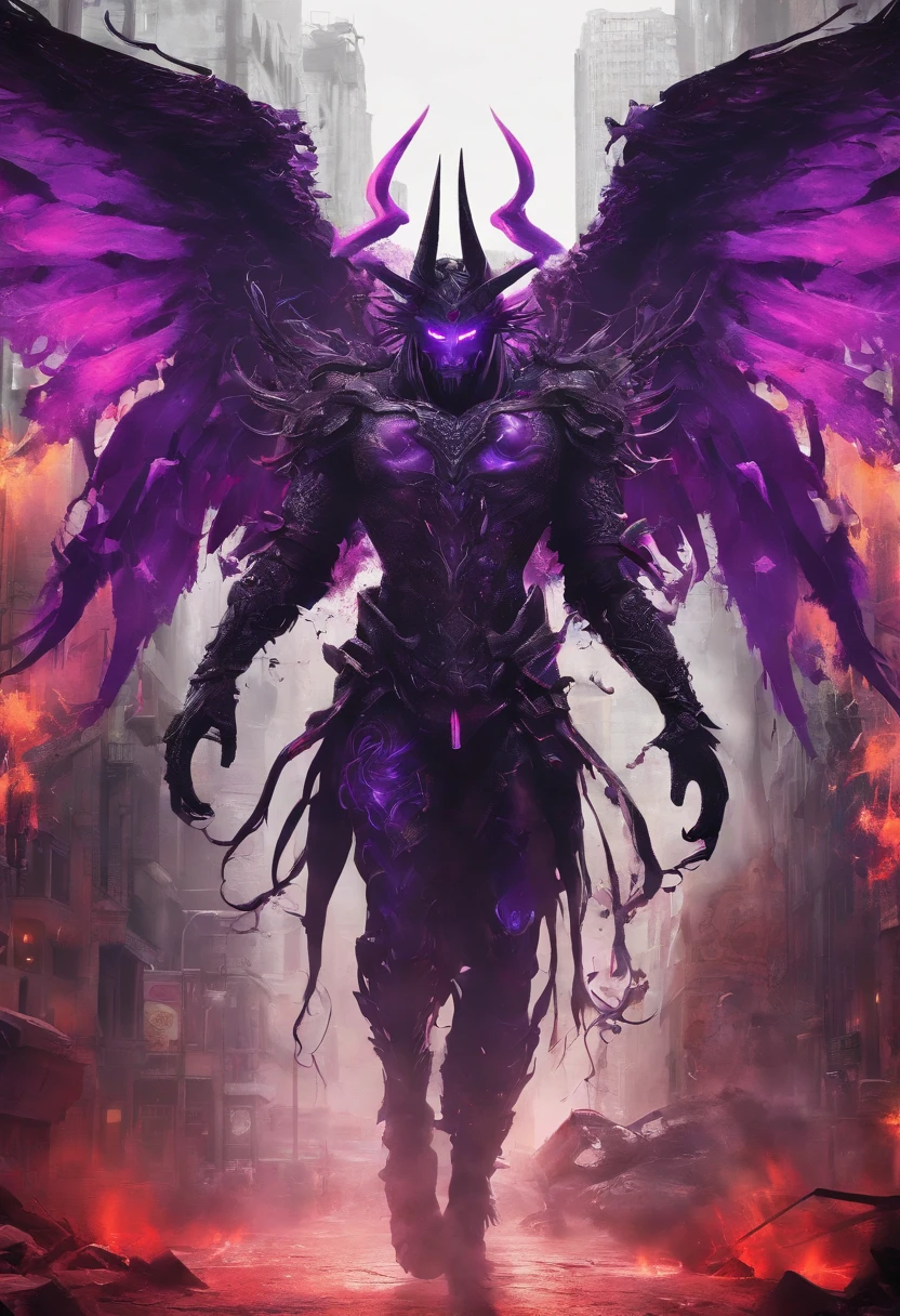 (best quality,4k,8k,highres,masterpiece:1.2),ultra-detailed,(realistic,photorealistic,photo-realistic:1.37),evil demon with glowing purple abyssal powers,casting mystic soul spells,handsome demon,large jagged demonic horns,massive demon angel wings,dark and ominous atmosphere,sinister grin,piercing glowing red eyes,demonic aura,enchanting purple mist,shadowy background,epic and dramatic lighting,otherworldly beauty,dramatic pose,fiery brimstone backdrop