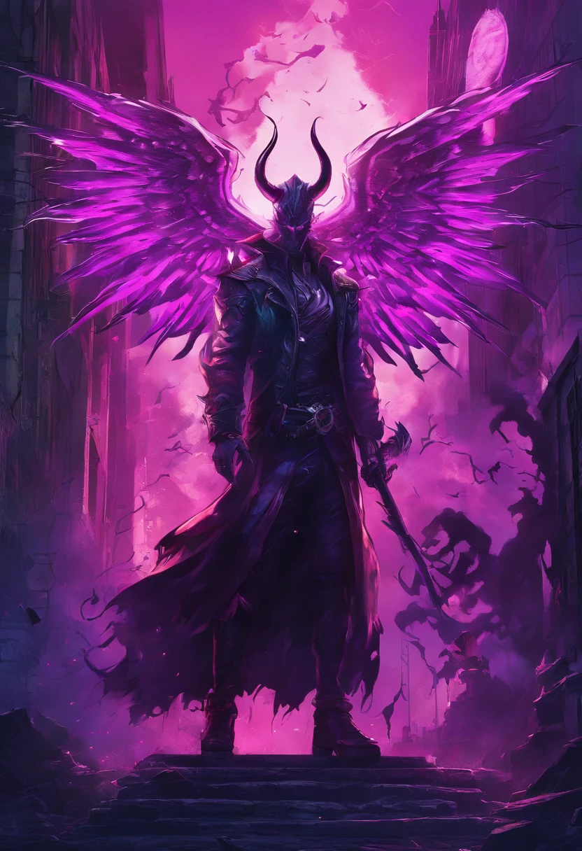 (best quality,4k,8k,highres,masterpiece:1.2),ultra-detailed,(realistic,photorealistic,photo-realistic:1.37),evil demon with glowing purple abyssal powers,casting mystic soul spells,handsome demon,large jagged demonic horns,massive demon angel wings,dark and ominous atmosphere,sinister grin,piercing glowing red eyes,demonic aura,enchanting purple mist,shadowy background,epic and dramatic lighting,otherworldly beauty,dramatic pose,fiery brimstone backdrop