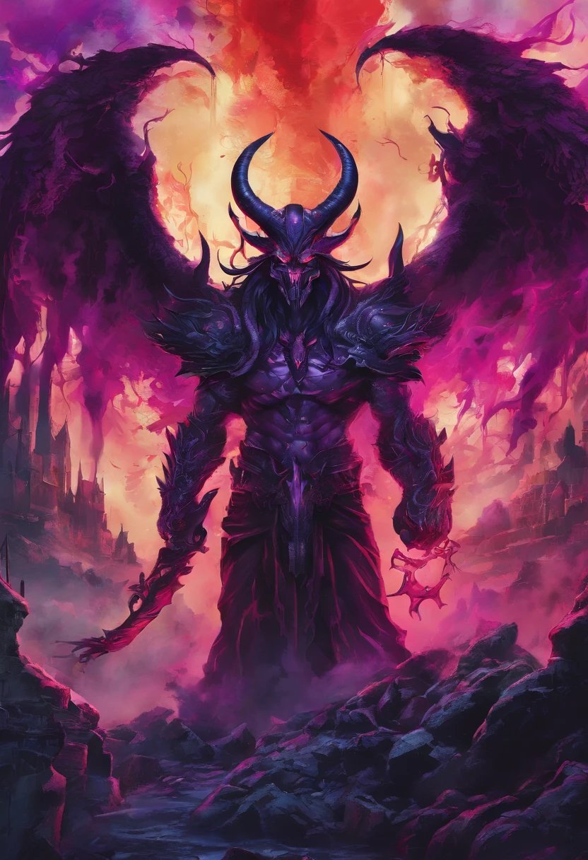 (best quality,4k,8k,highres,masterpiece:1.2),ultra-detailed,(realistic,photorealistic,photo-realistic:1.37),evil demon with glowing purple abyssal powers,casting mystic soul spells,handsome demon,large jagged demonic horns,massive demon angel wings,dark and ominous atmosphere,sinister grin,piercing glowing red eyes,demonic aura,enchanting purple mist,shadowy background,epic and dramatic lighting,otherworldly beauty,dramatic pose,fiery brimstone backdrop