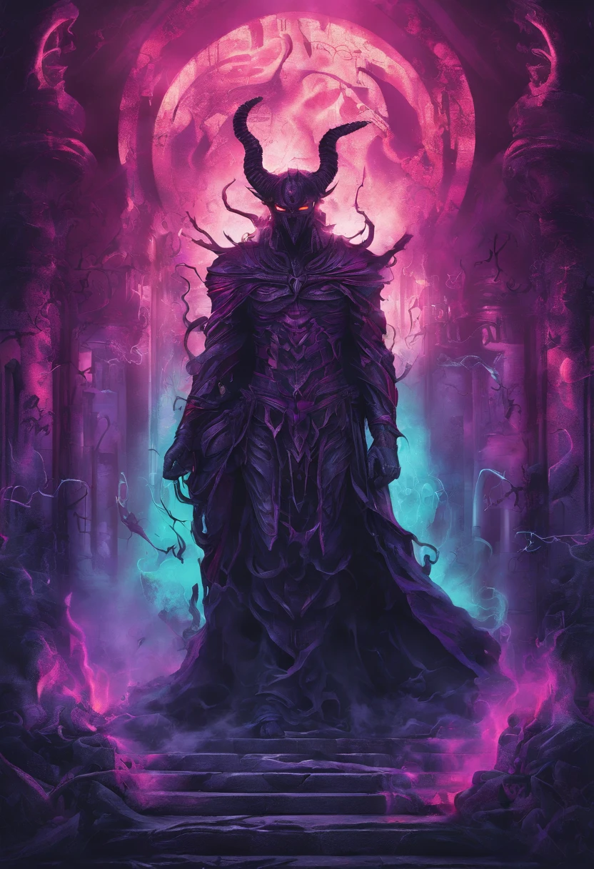 (best quality,4k,8k,highres,masterpiece:1.2),ultra-detailed,(realistic,photorealistic,photo-realistic:1.37),evil demon with glowing purple abyssal powers,casting mystic soul spells,handsome demon,large jagged demonic horns,massive demon angel wings,dark and ominous atmosphere,sinister grin,piercing glowing red eyes,demonic aura,enchanting purple mist,shadowy background,epic and dramatic lighting,otherworldly beauty,dramatic pose,fiery brimstone backdrop