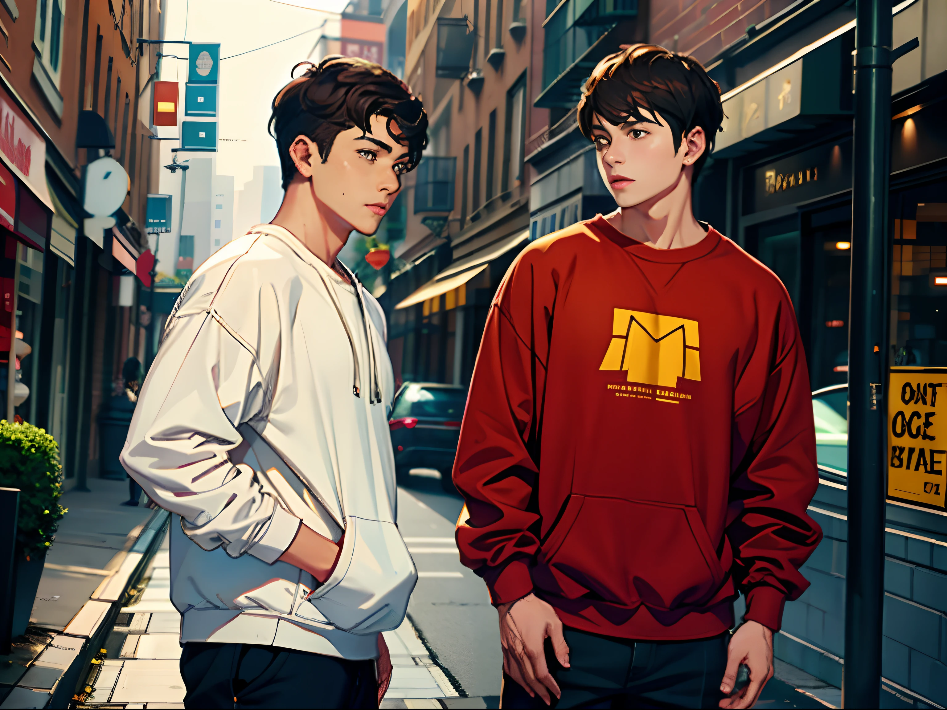 ,A young man with short brown hair stands in the street,Next to him stood a burly young ml wore casual sweatshirts
