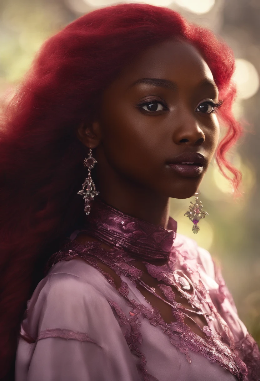 (((a deep reddish wound crosses her left cheek))) African dark black girl melanin complexion, woman around 19 years old, red hair, distinctive lilac purple eyes, slender and graceful, beautiful, black, alluring, candlelight in a modern setting, ultra sharp focus, realistic shot, modern female clothes,