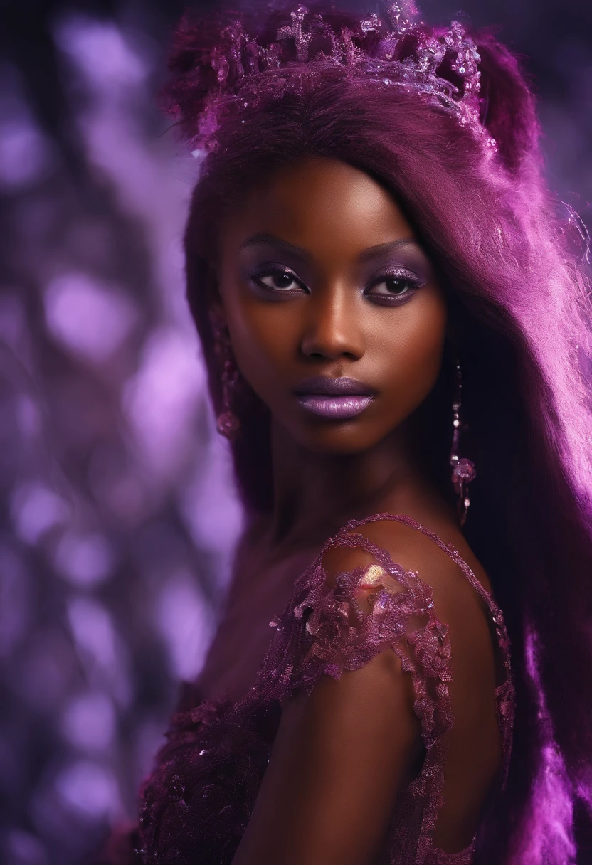 (((a deep reddish wound crosses her left cheek))) African dark black girl melanin complexion, woman around 19 years old, red hair, distinctive lilac purple eyes, slender and graceful, beautiful, black, alluring, candlelight in a modern setting, ultra sharp focus, realistic shot, modern female clothes,